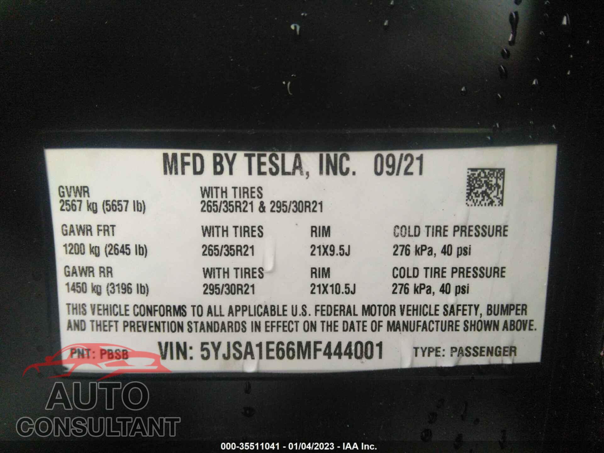 TESLA MODEL S 2021 - 5YJSA1E66MF444001