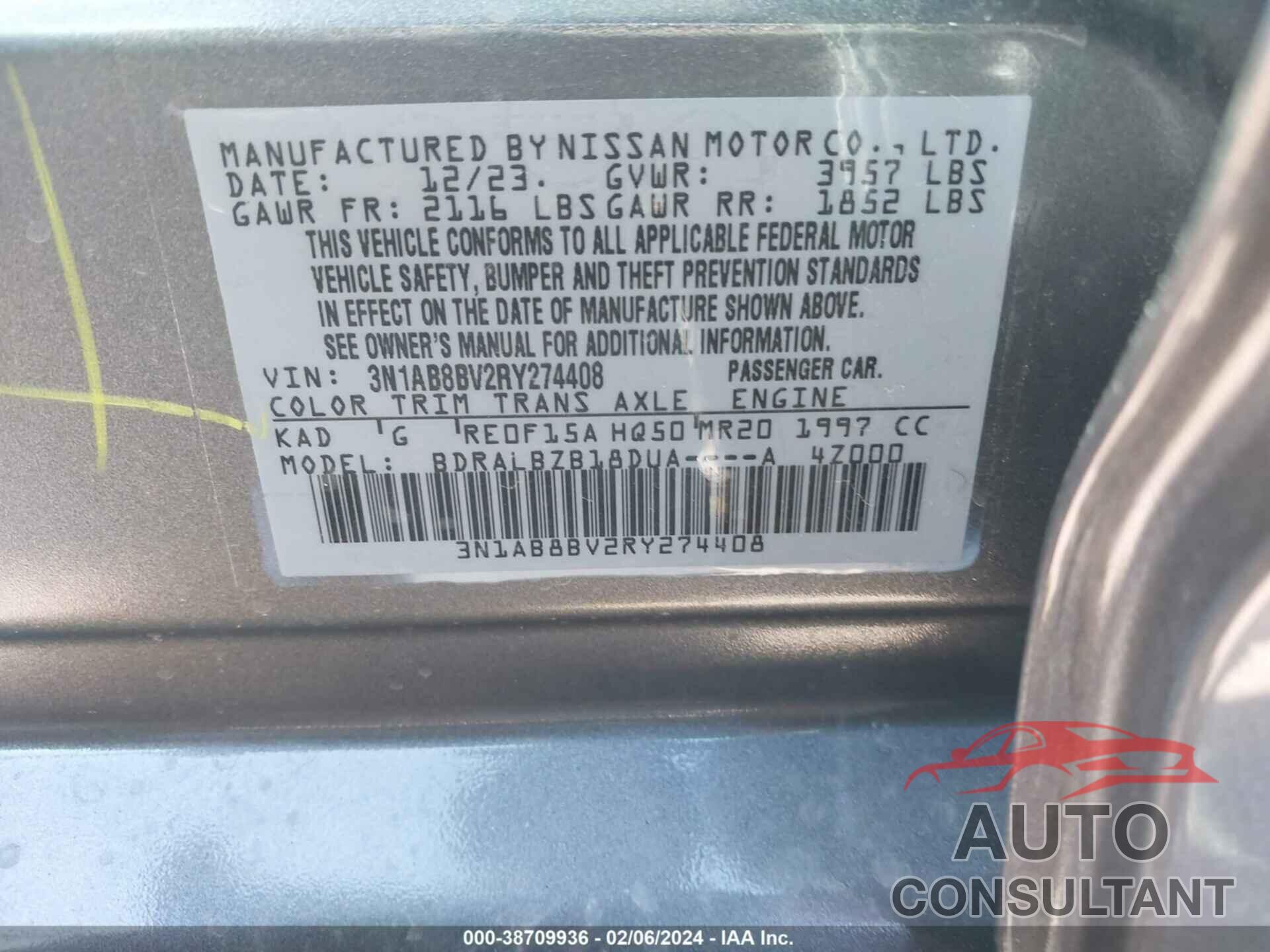 NISSAN SENTRA 2024 - 3N1AB8BV2RY274408