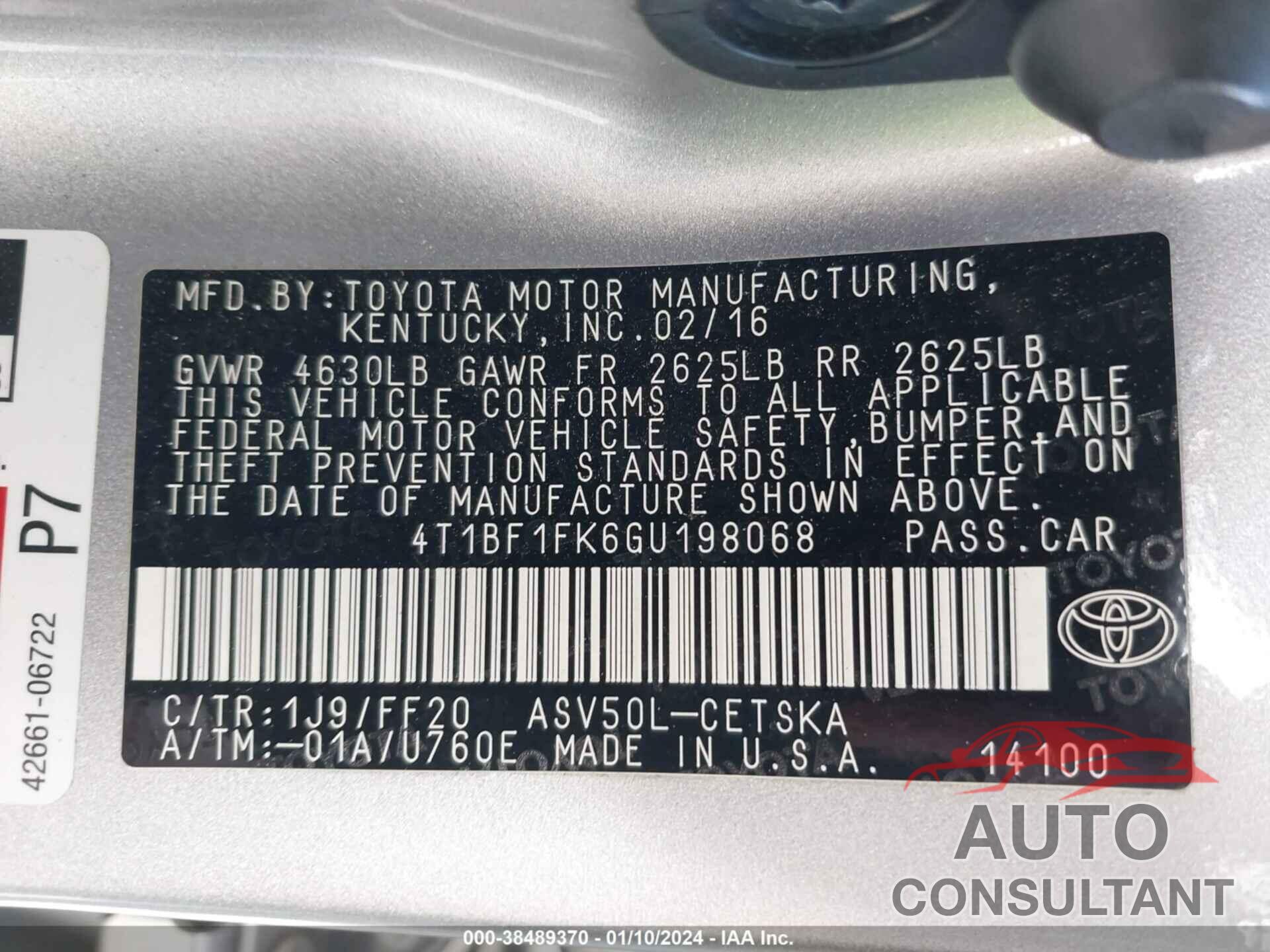 TOYOTA CAMRY 2016 - 4T1BF1FK6GU198068