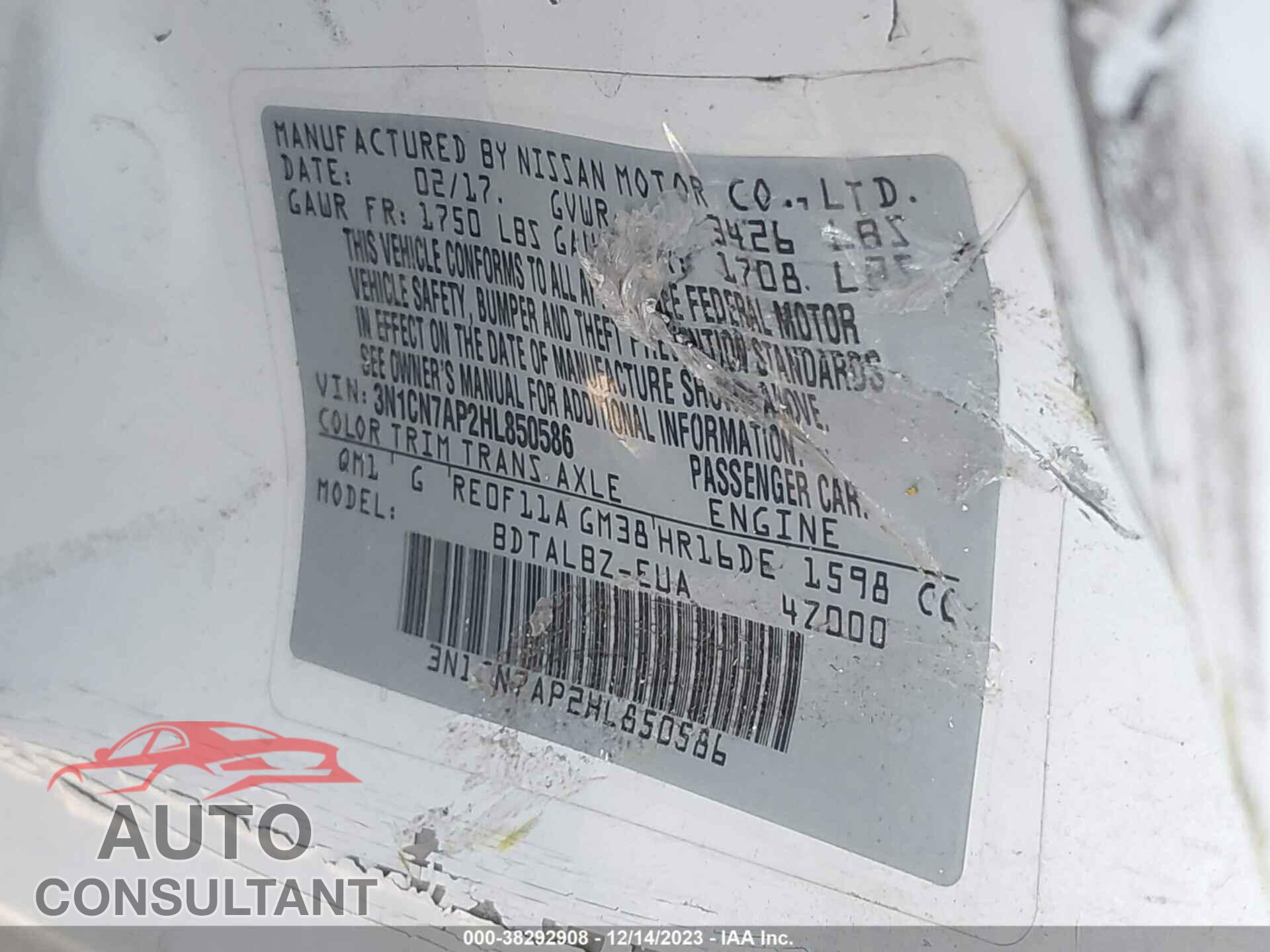 NISSAN VERSA 2017 - 3N1CN7AP2HL850586