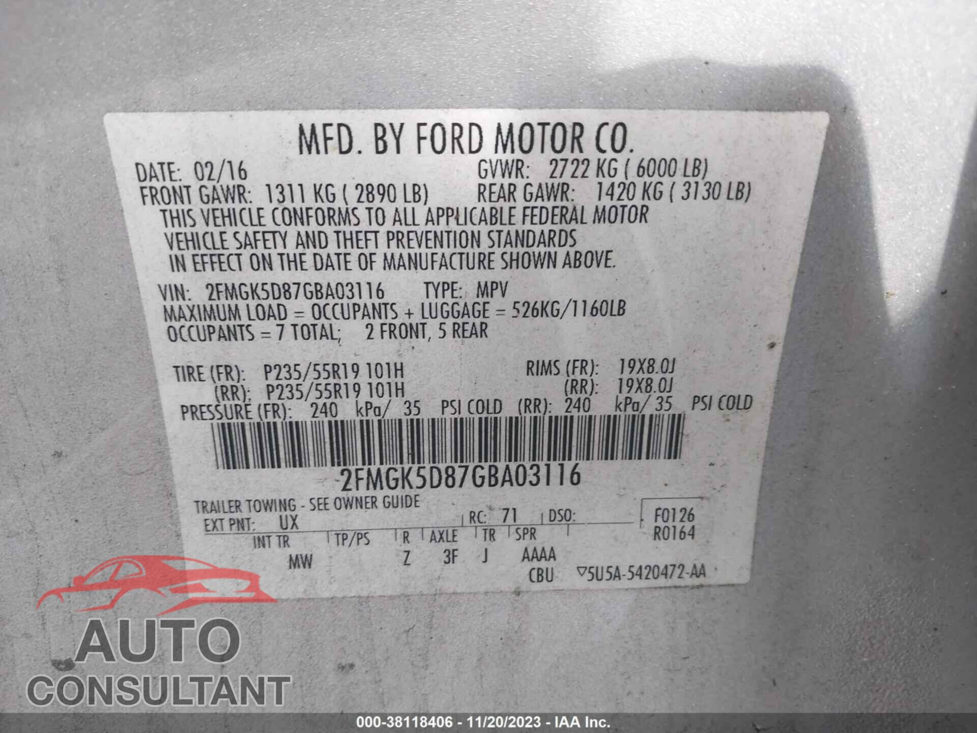 FORD FLEX 2016 - 2FMGK5D87GBA03116