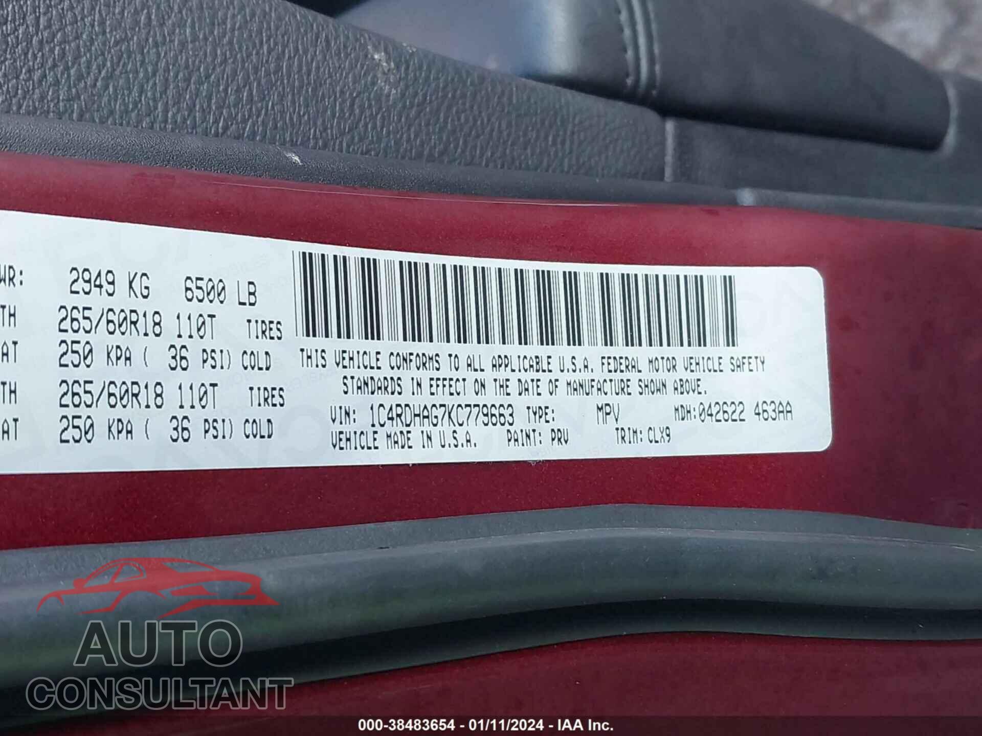 DODGE DURANGO 2019 - 1C4RDHAG7KC779663