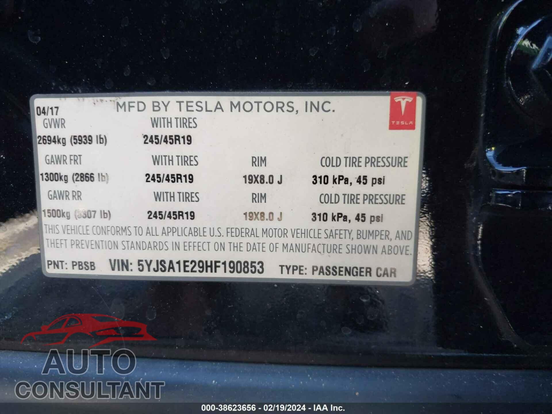 TESLA MODEL S 2017 - 5YJSA1E29HF190853