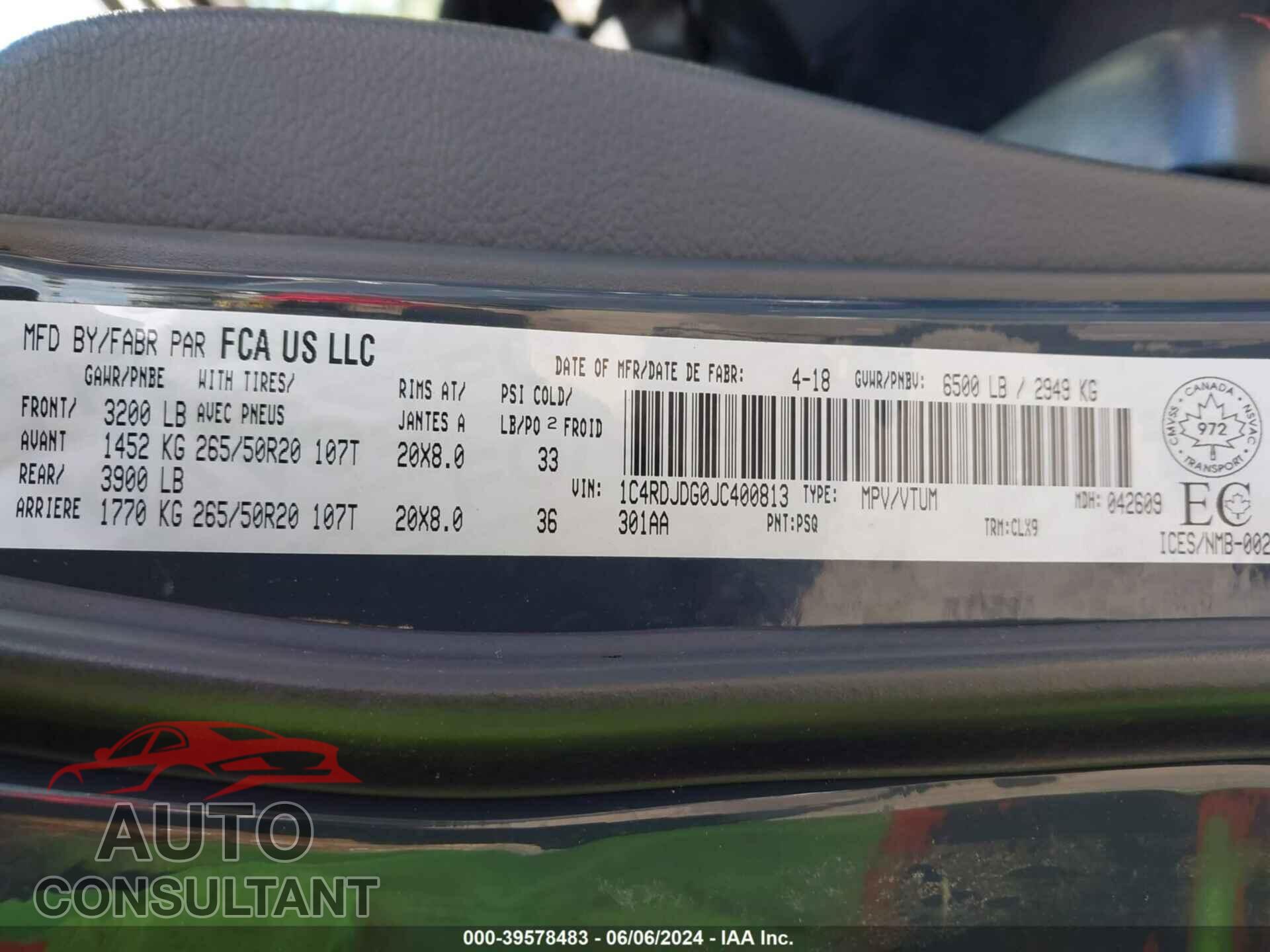 DODGE DURANGO 2018 - 1C4RDJDG0JC400813