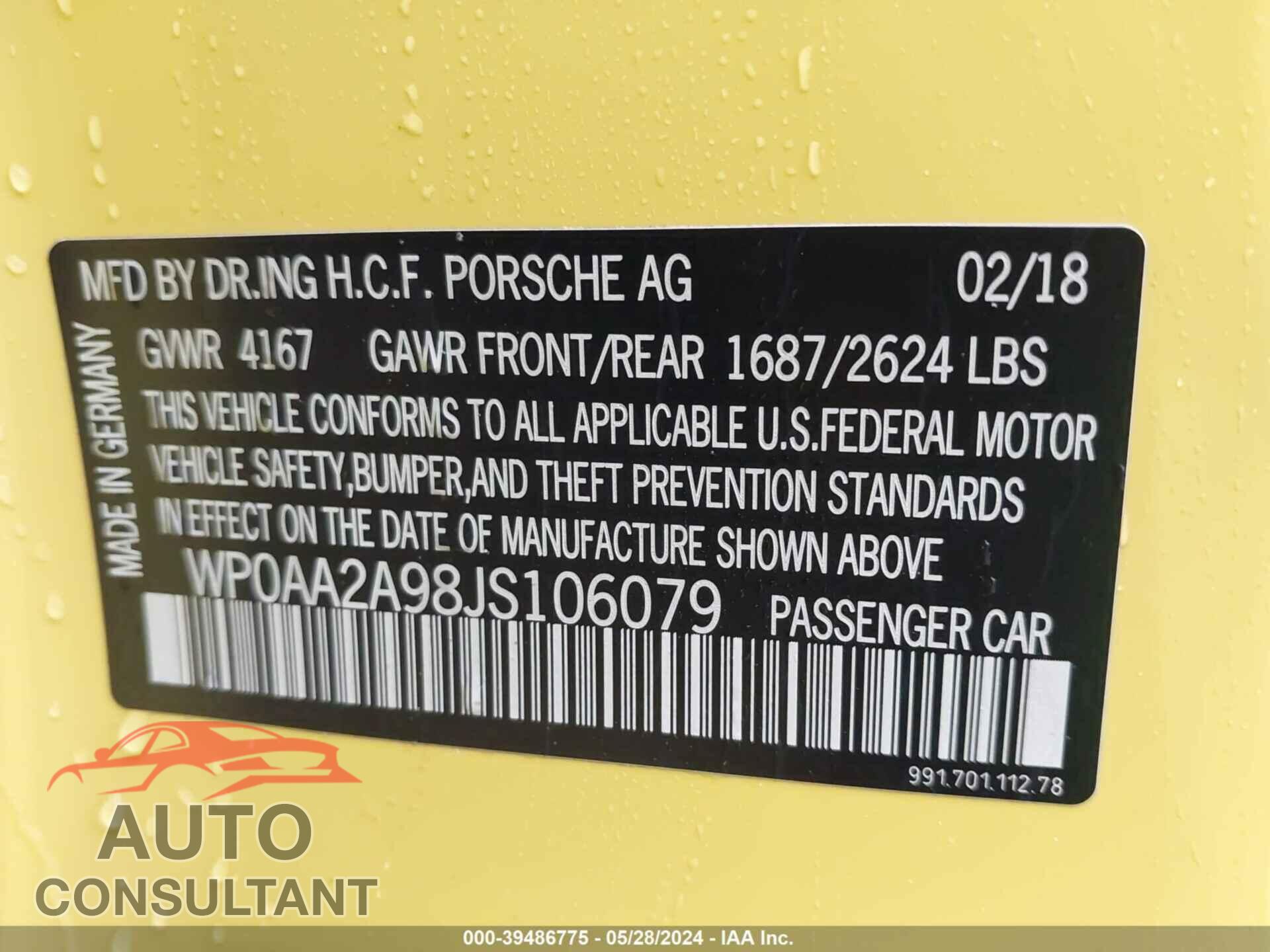 PORSCHE 911 2018 - WP0AA2A98JS106079