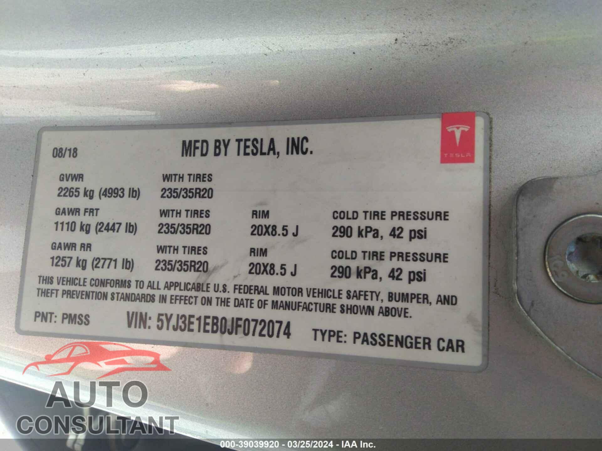 TESLA MODEL 3 2018 - 5YJ3E1EB0JF072074