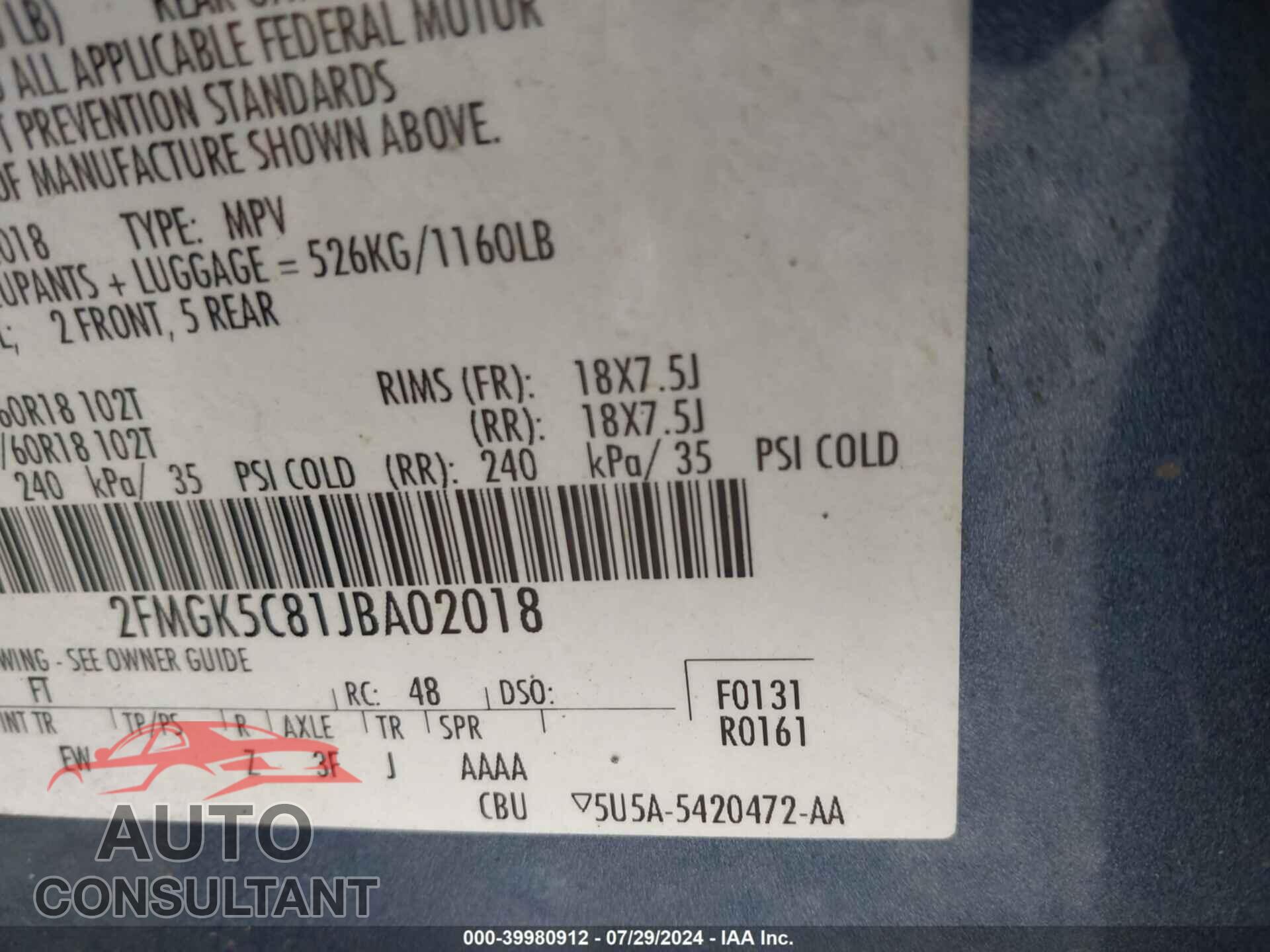 FORD FLEX 2018 - 2FMGK5C81JBA02018