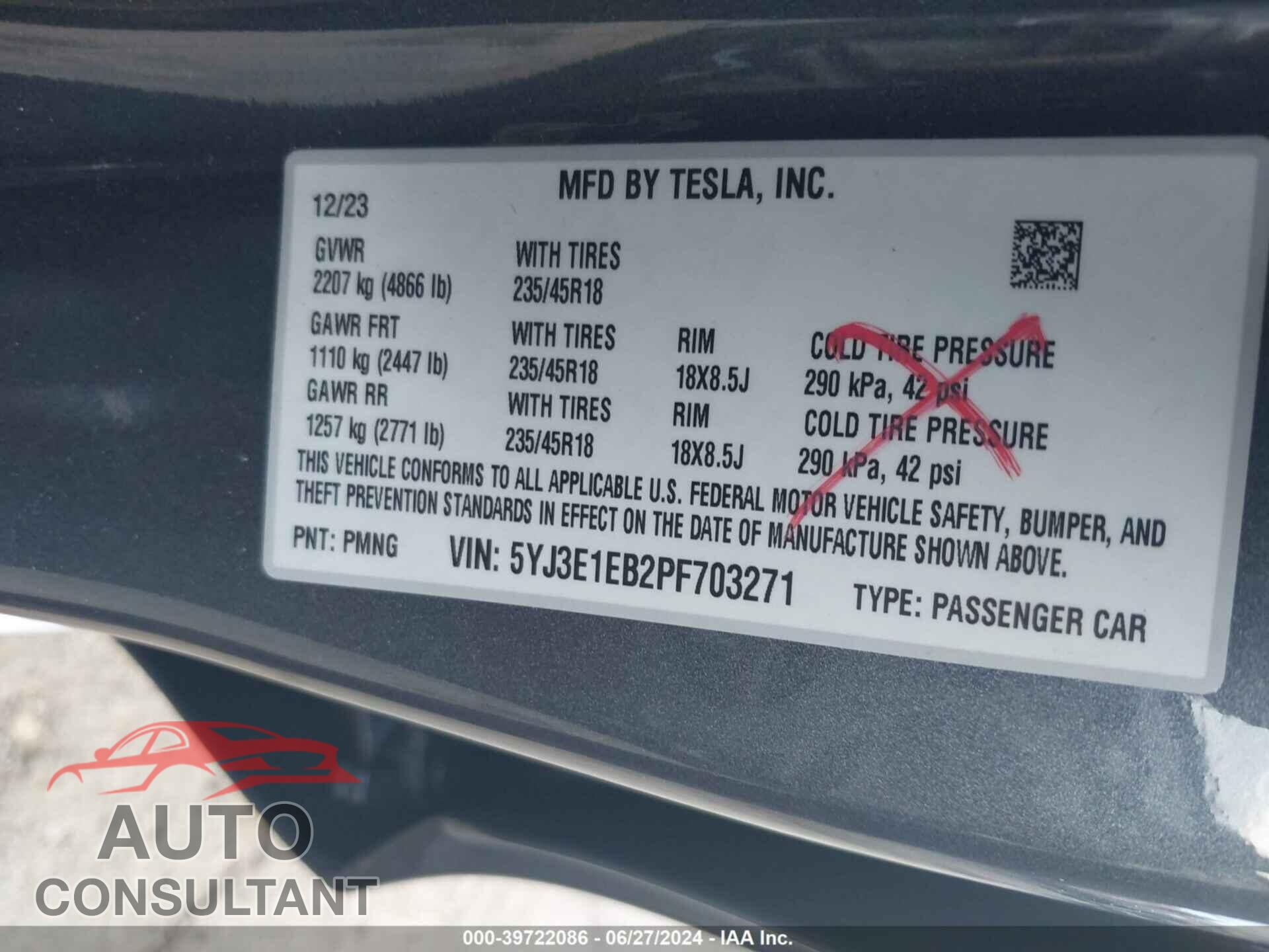 TESLA MODEL 3 2023 - 5YJ3E1EB2PF703271
