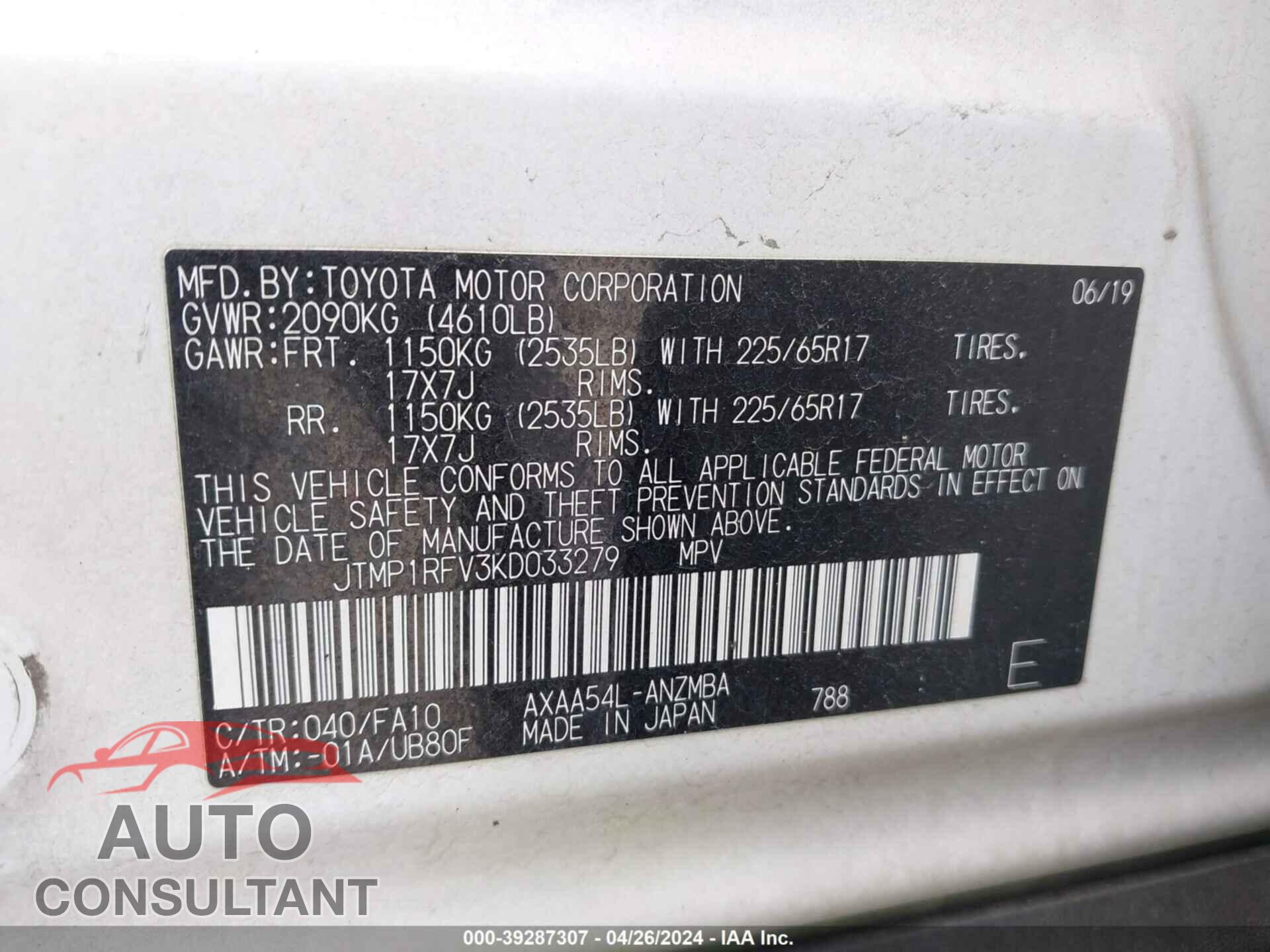 TOYOTA RAV4 2019 - JTMP1RFV3KD033279
