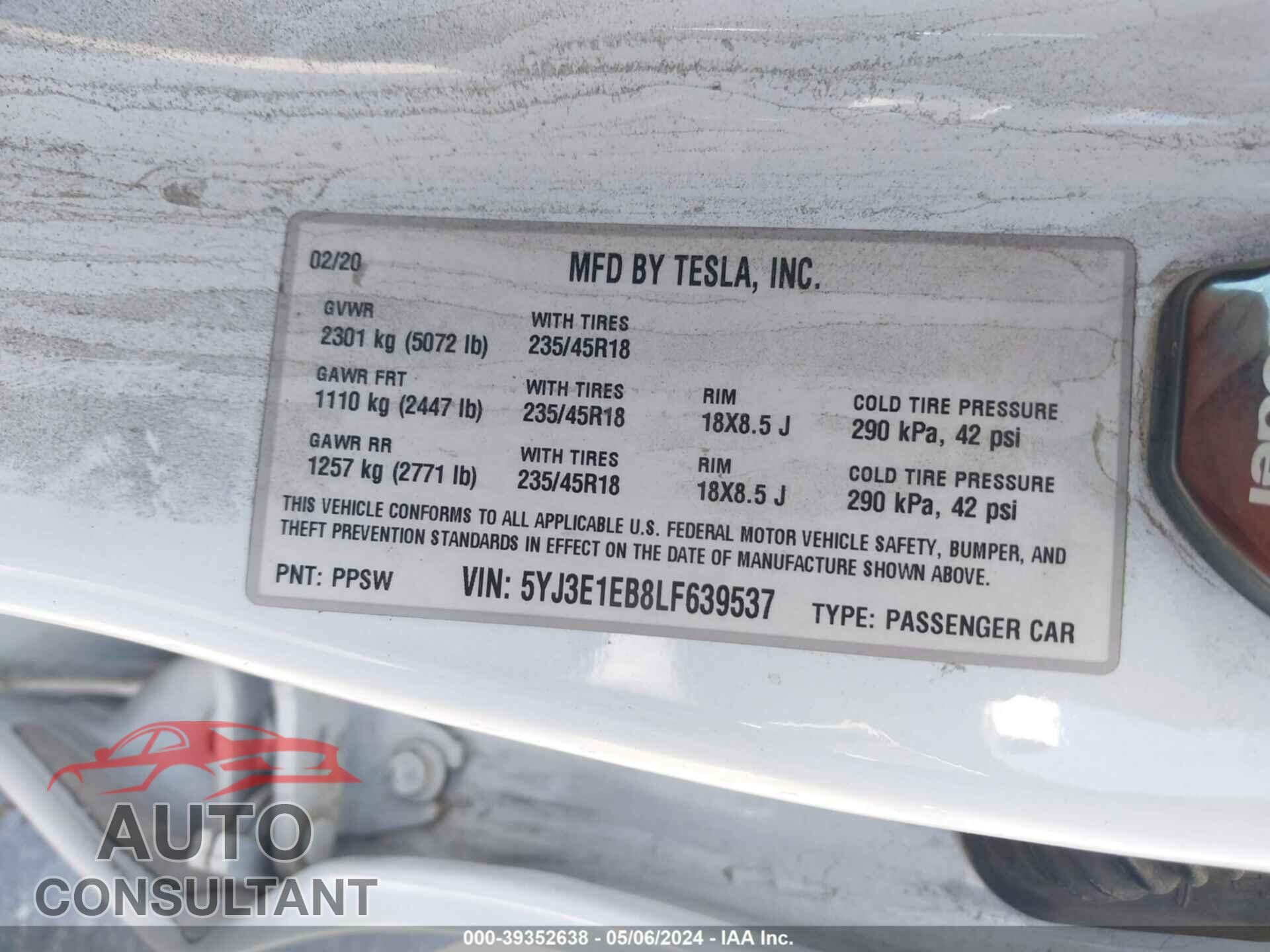 TESLA MODEL 3 2020 - 5YJ3E1EB8LF639537