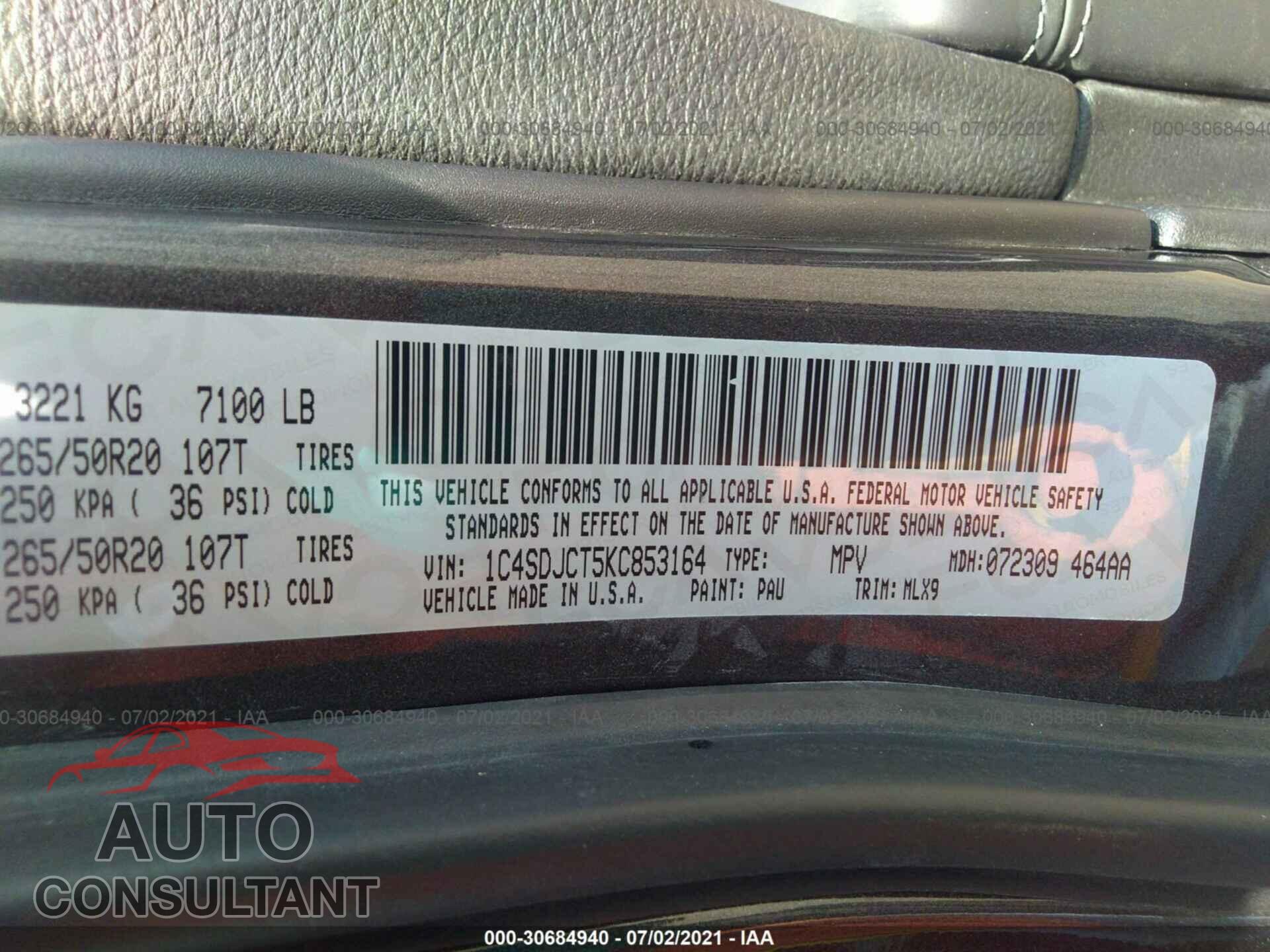 DODGE DURANGO 2019 - 1C4SDJCT5KC853164