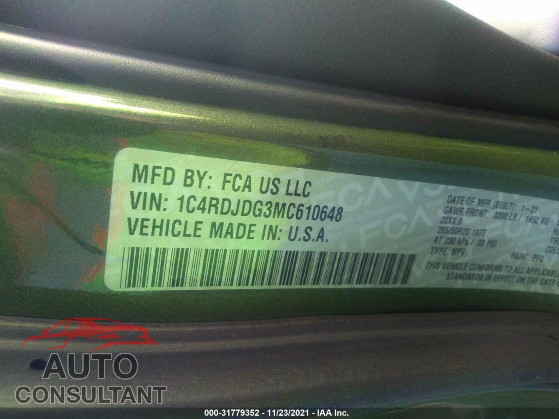 DODGE DURANGO 2021 - 1C4RDJDG3MC610648