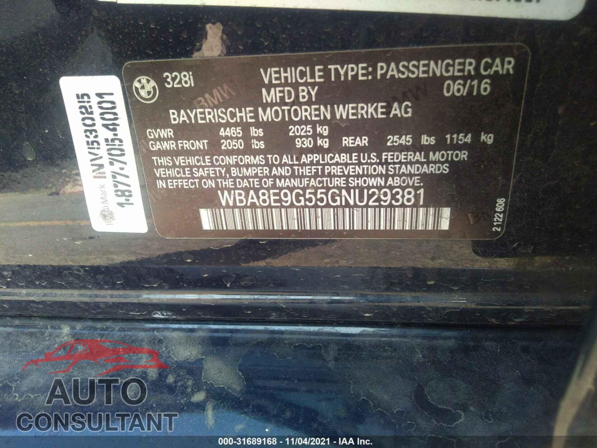 BMW 3 SERIES 2016 - WBA8E9G55GNU29381
