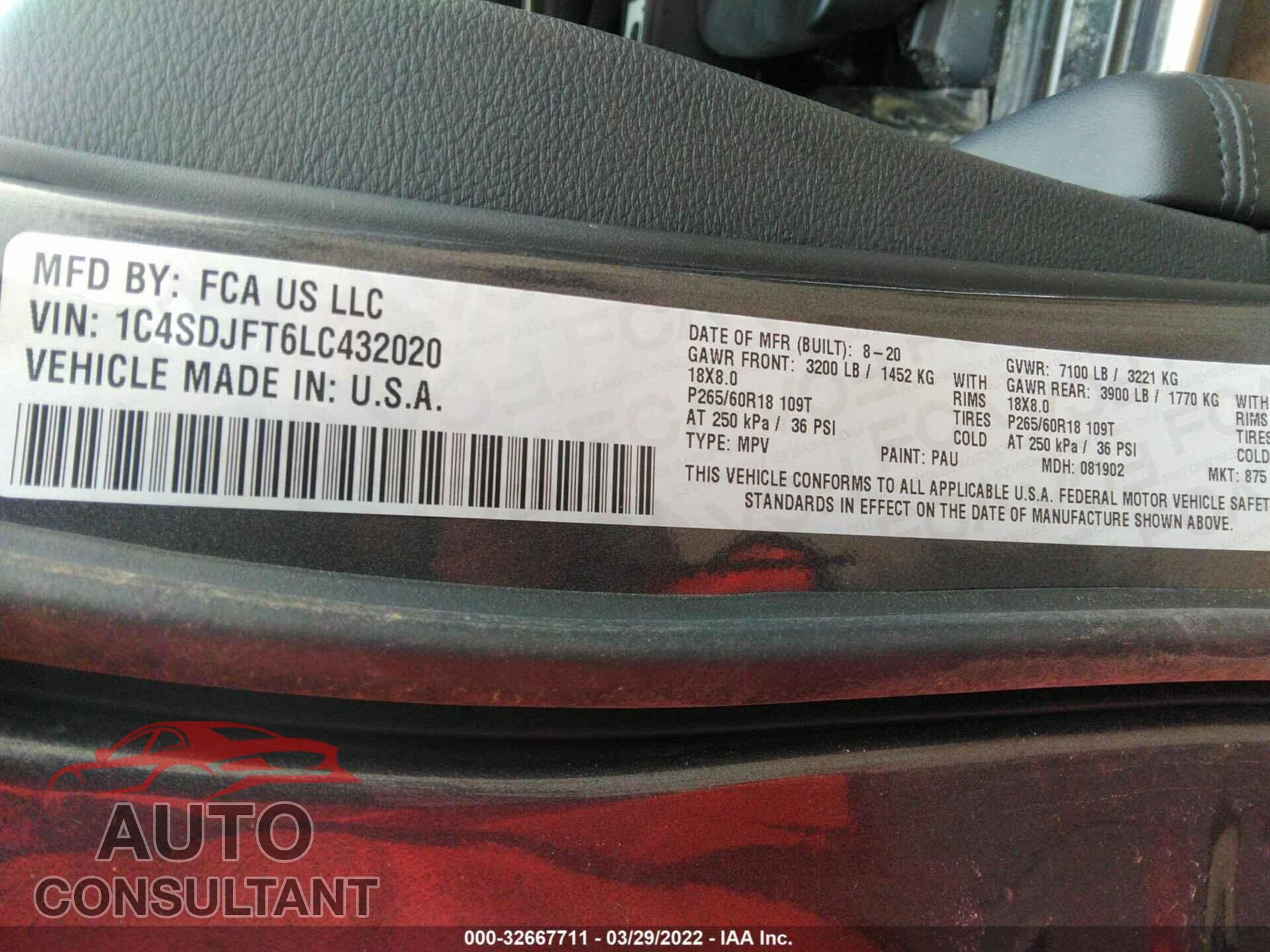 DODGE DURANGO 2020 - 1C4SDJFT6LC432020