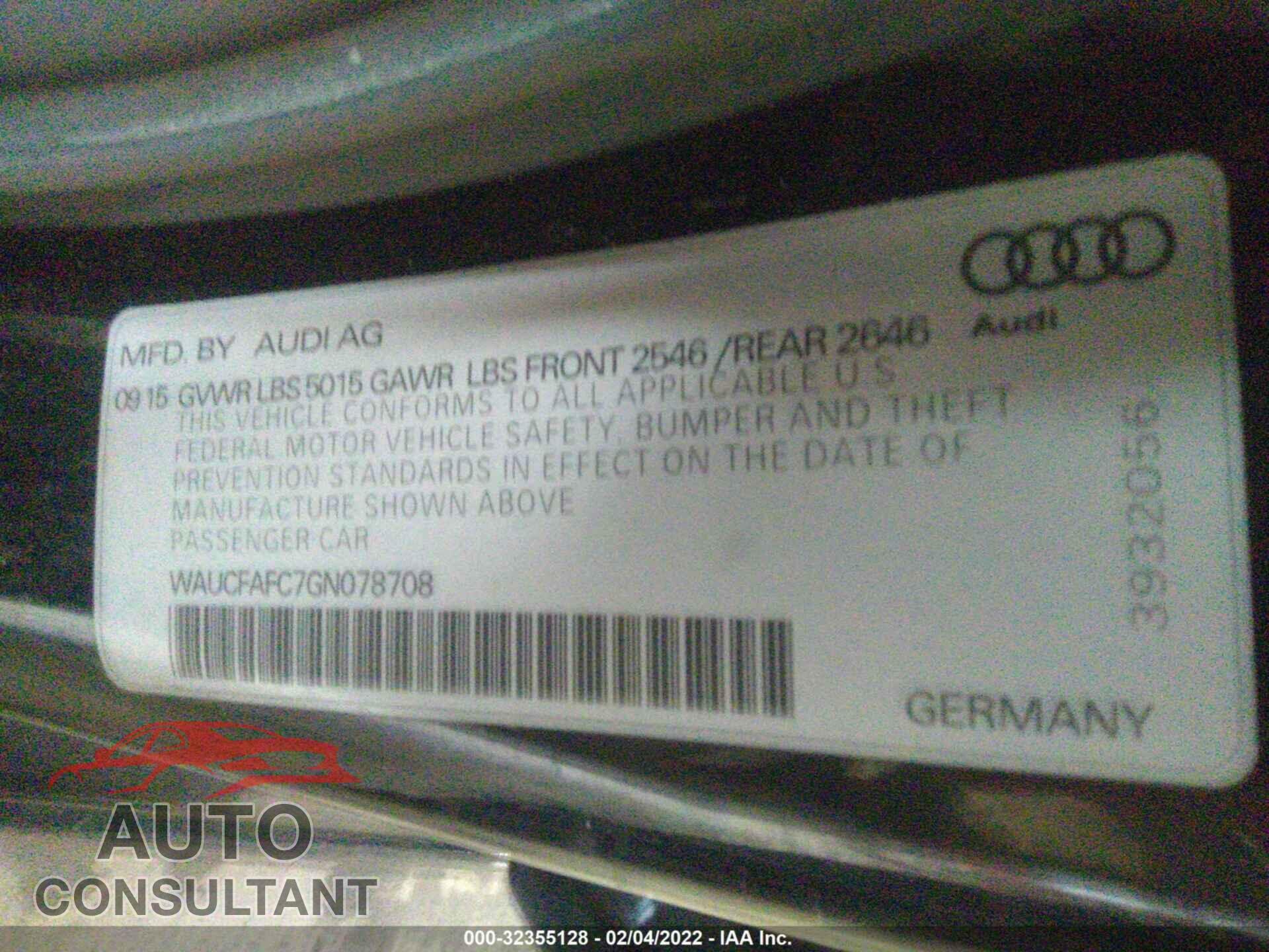 AUDI A6 2016 - WAUCFAFC7GN078708
