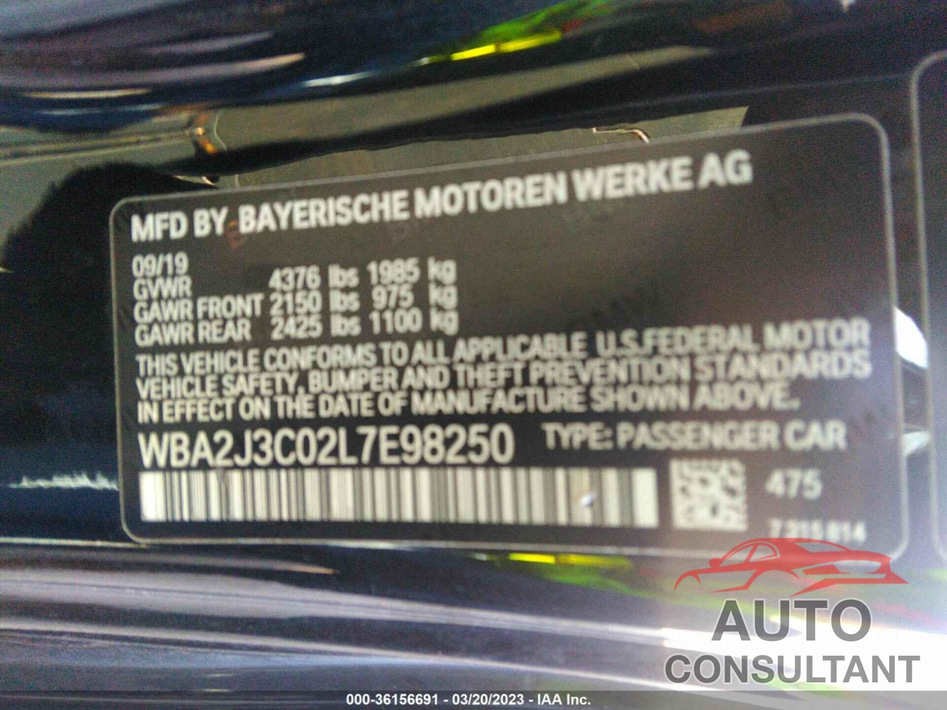 BMW 2 SERIES 2020 - WBA2J3C02L7E98250