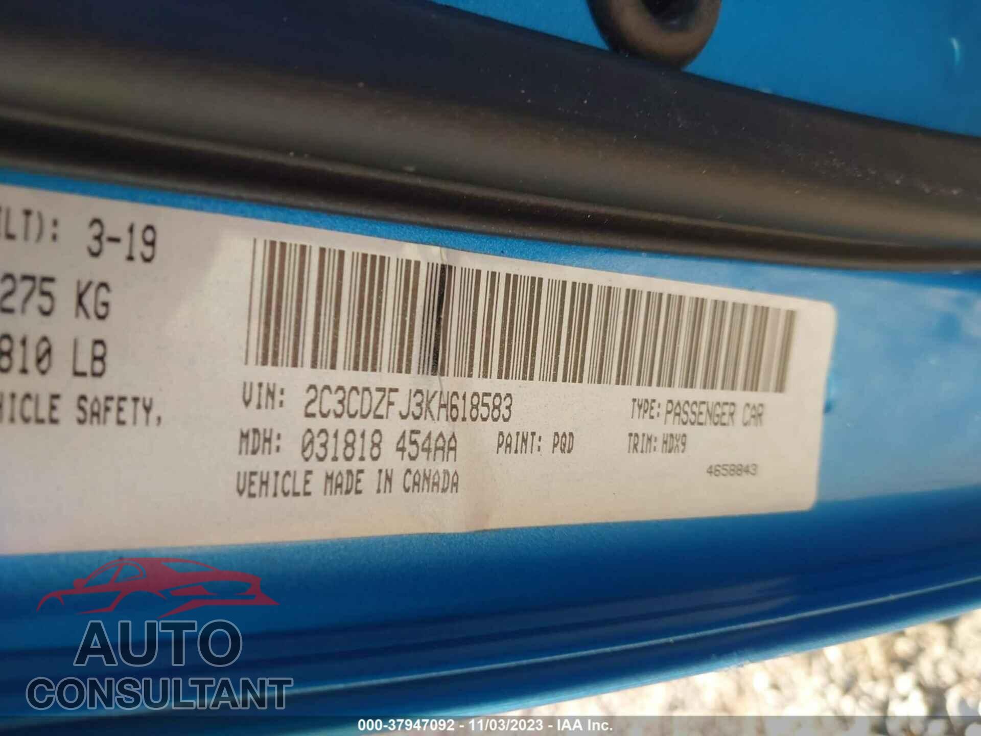 DODGE CHALLENGER 2019 - 2C3CDZFJ3KH618583