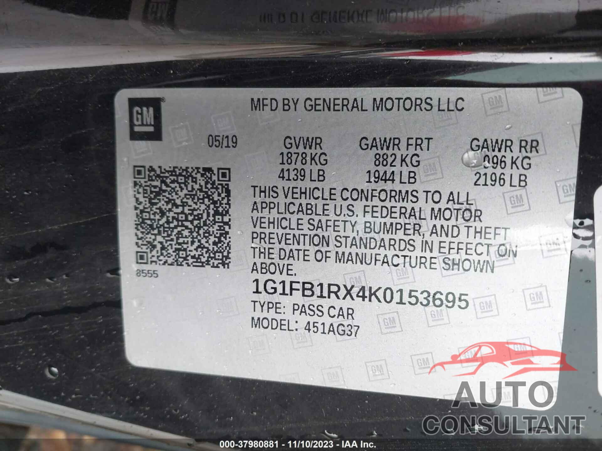 CHEVROLET CAMARO 2019 - 1G1FB1RX4K0153695