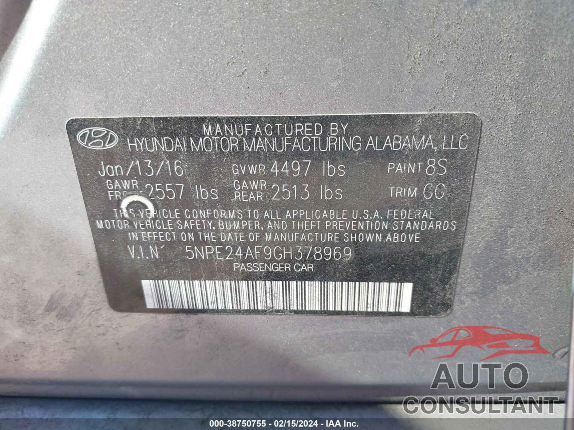 HYUNDAI SONATA 2016 - 5NPE24AF9GH378969