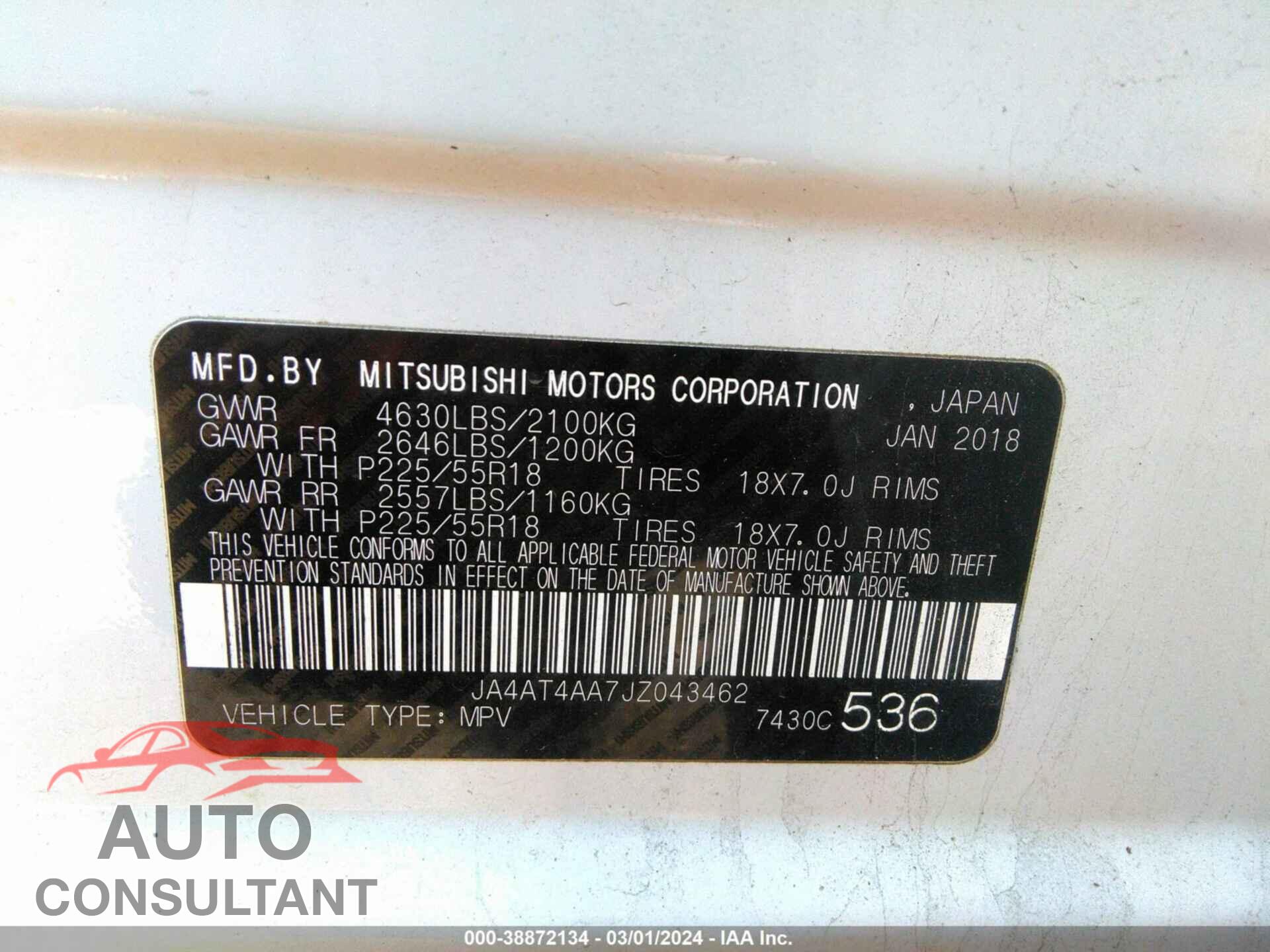 MITSUBISHI ECLIPSE CROSS 2018 - JA4AT4AA7JZ043462