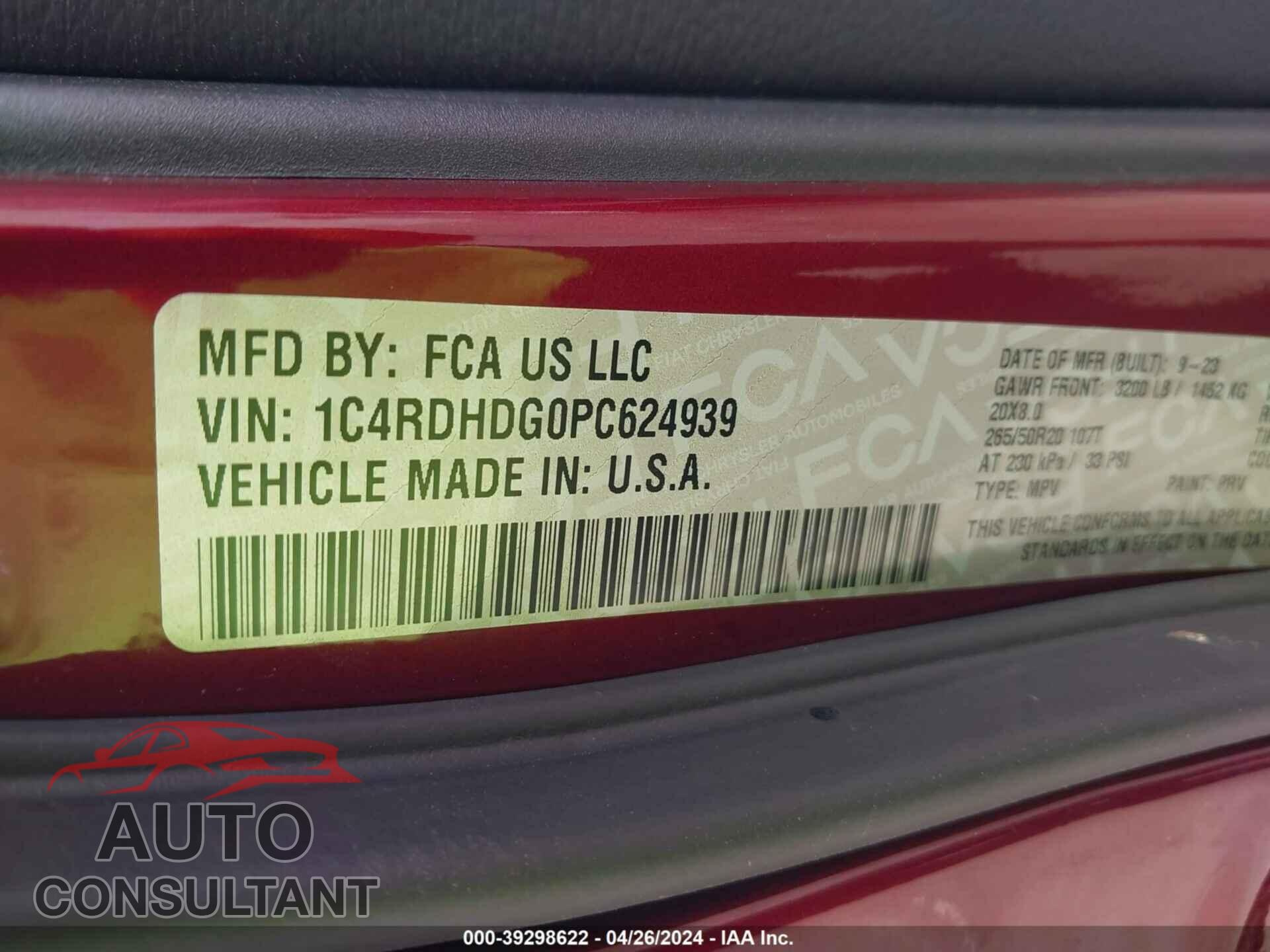 DODGE DURANGO 2023 - 1C4RDHDG0PC624939
