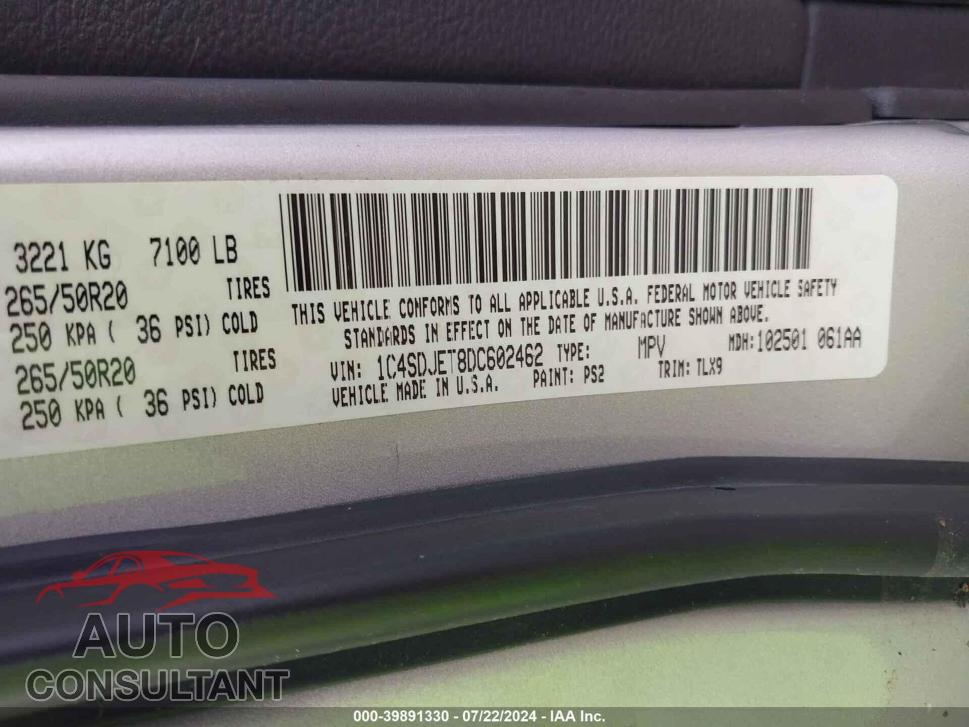 DODGE DURANGO 2013 - 1C4SDJET8DC602462