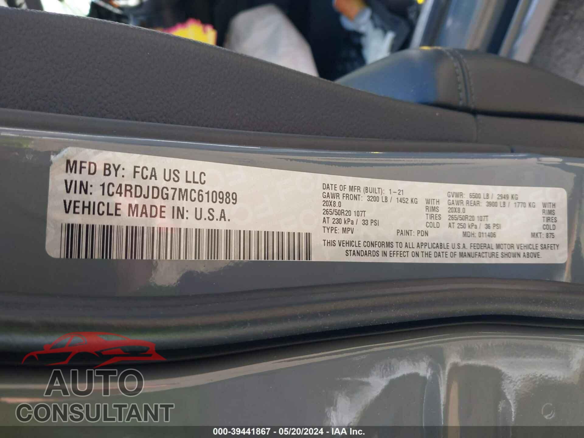 DODGE DURANGO 2021 - 1C4RDJDG7MC610989