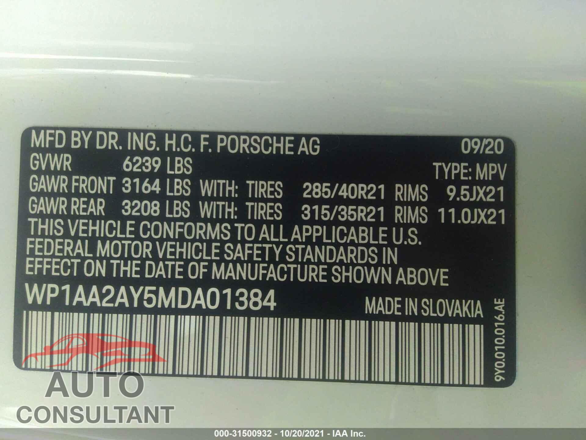 PORSCHE CAYENNE 2021 - WP1AA2AY5MDA01384