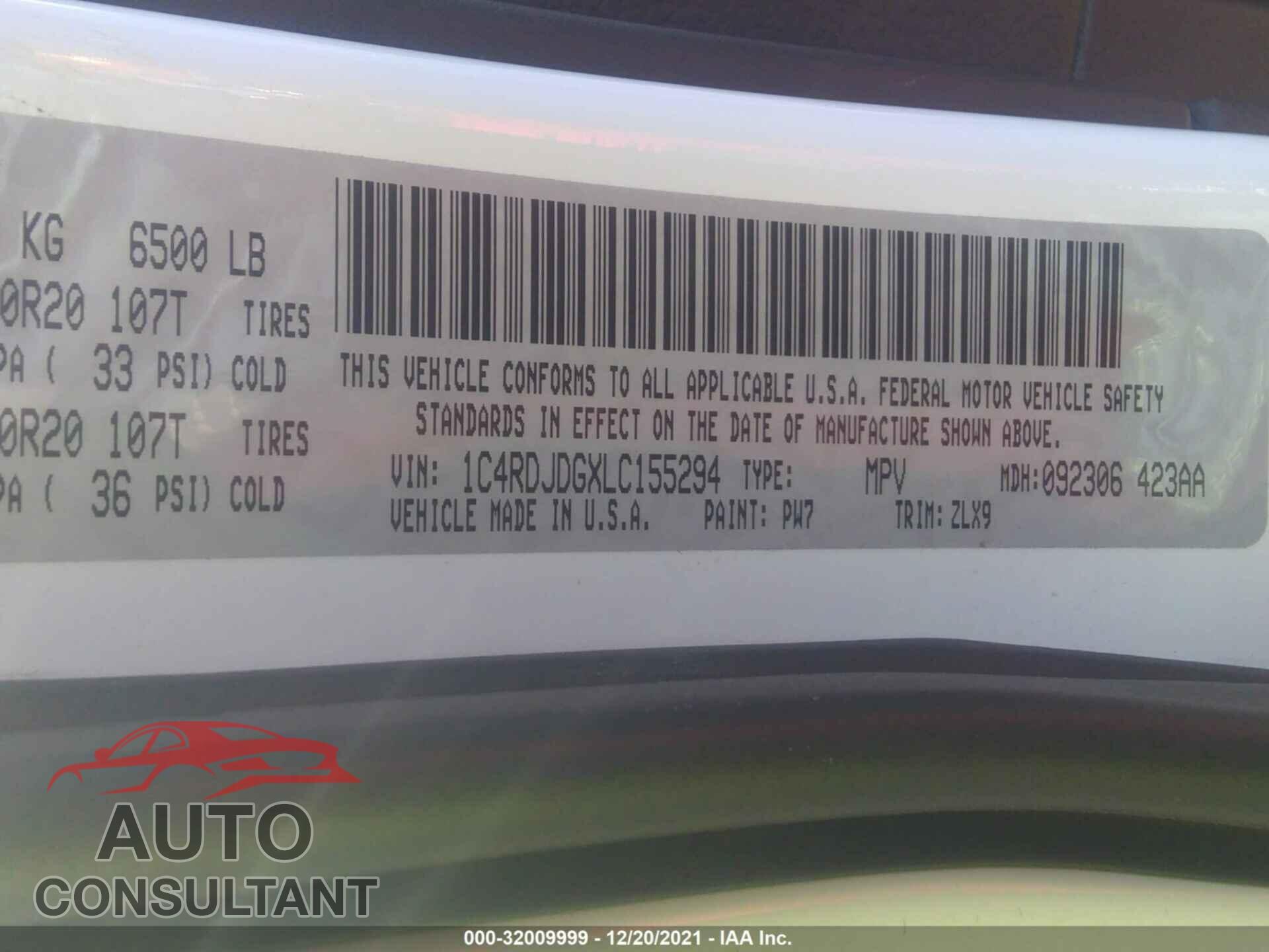 DODGE DURANGO 2020 - 1C4RDJDGXLC155294