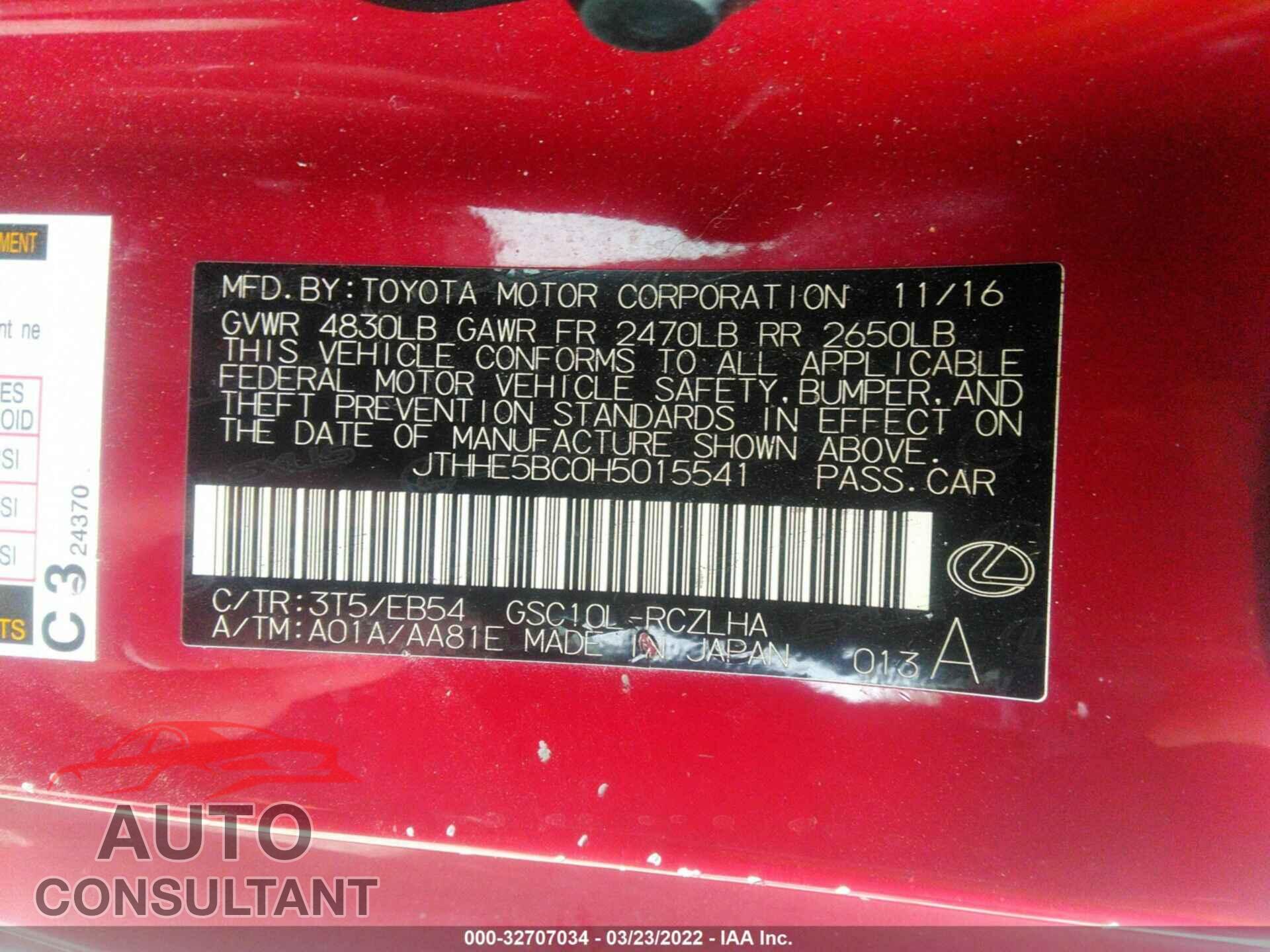 LEXUS RC 2017 - JTHHE5BC0H5015541