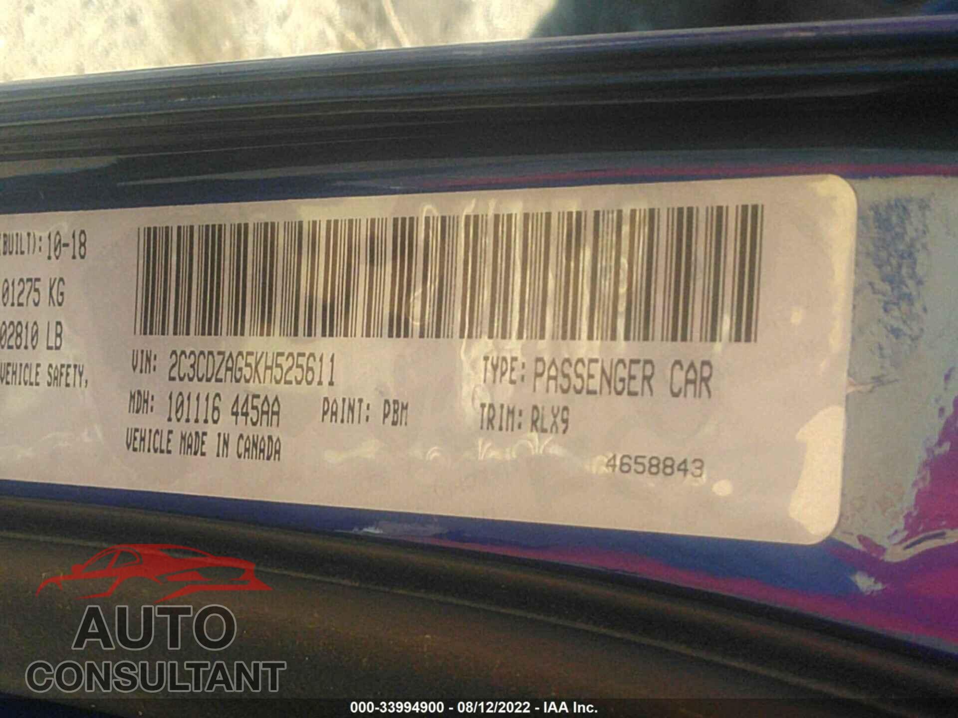 DODGE CHALLENGER 2019 - 2C3CDZAG5KH525611