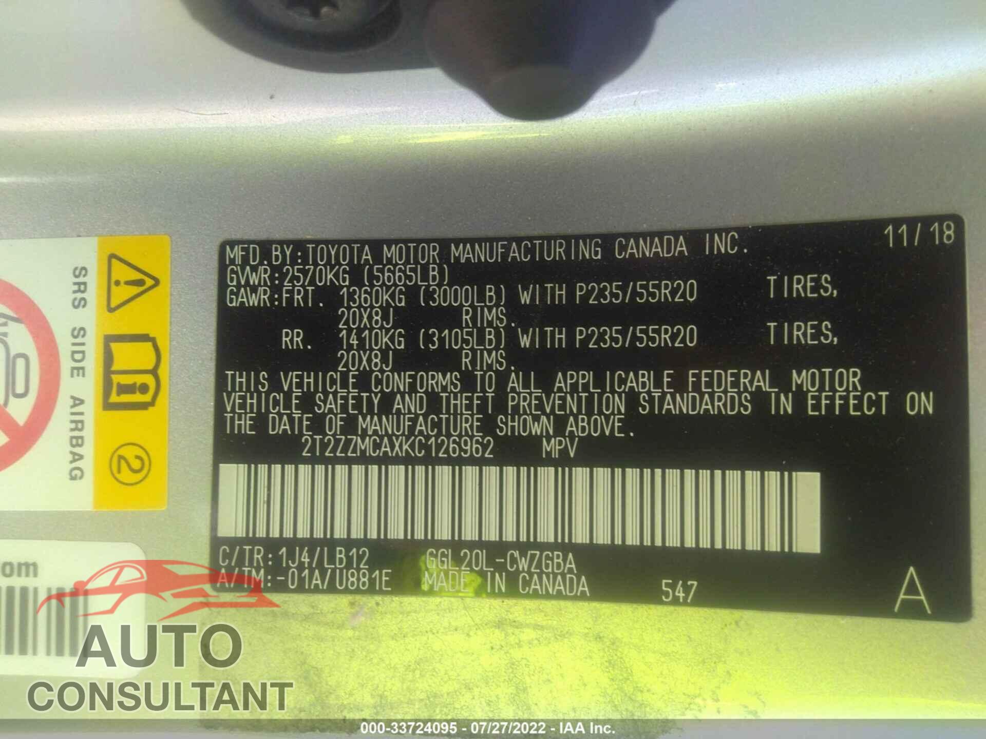 LEXUS RX 2019 - 2T2ZZMCAXKC126962