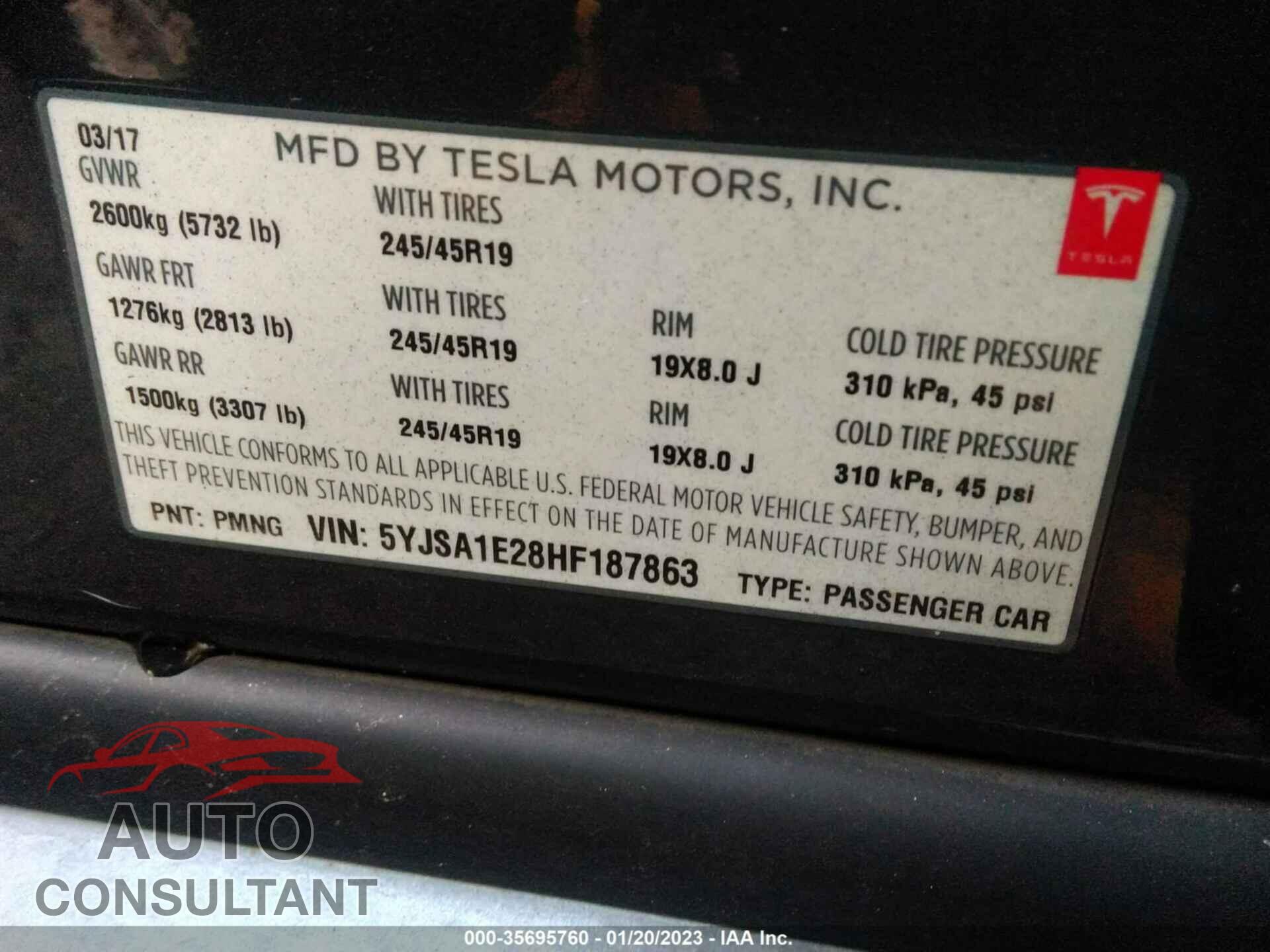 TESLA MODEL S 2017 - 5YJSA1E28HF187863