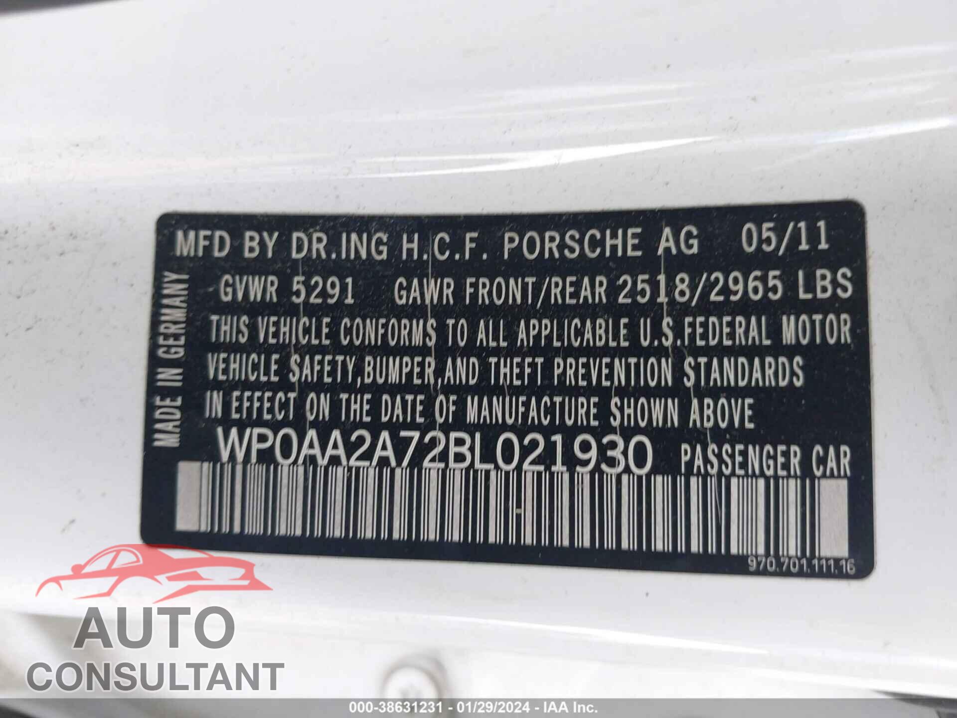 PORSCHE PANAMERA 2011 - WP0AA2A72BL021930