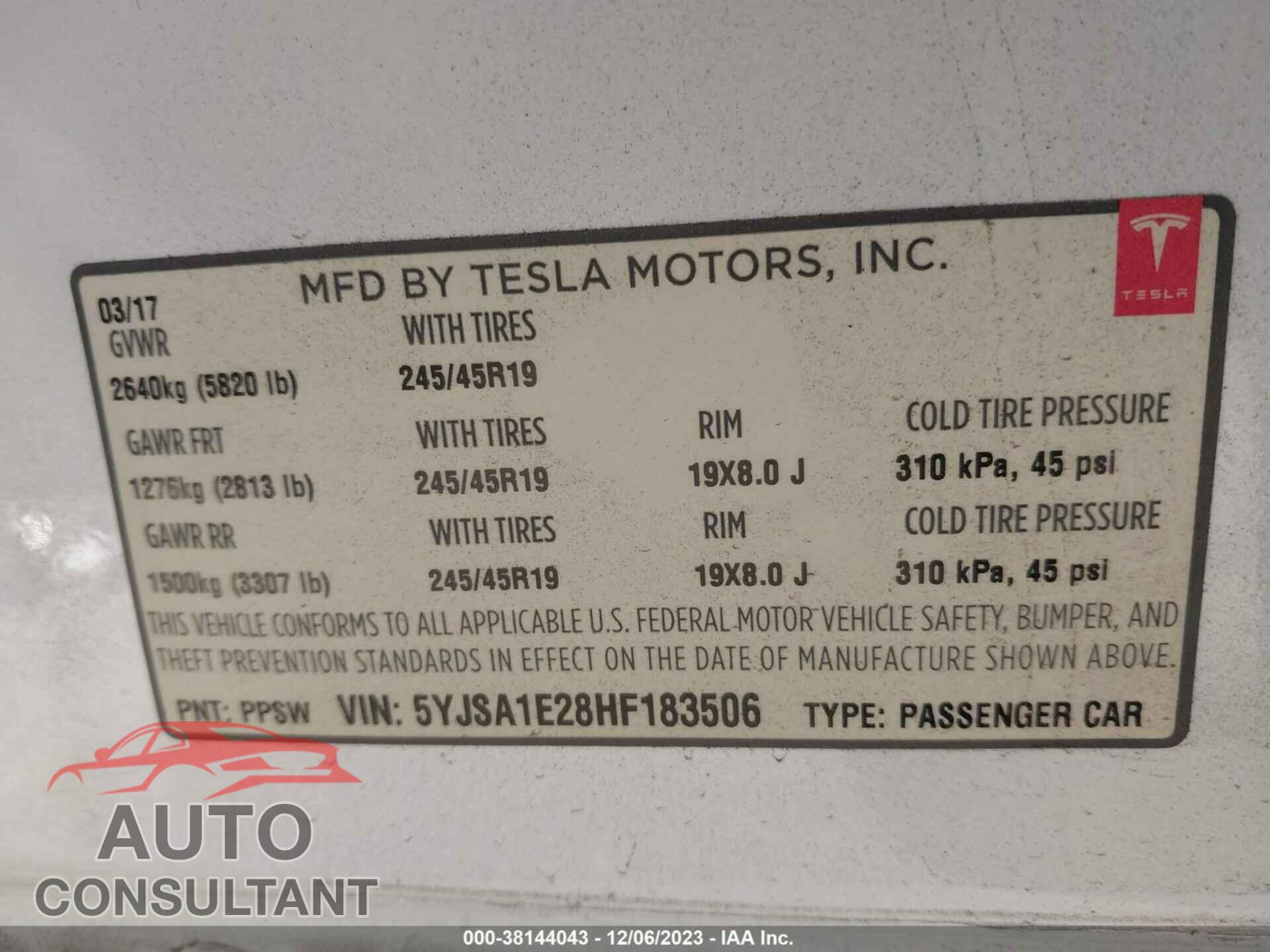 TESLA MODEL S 2017 - 5YJSA1E28HF183506