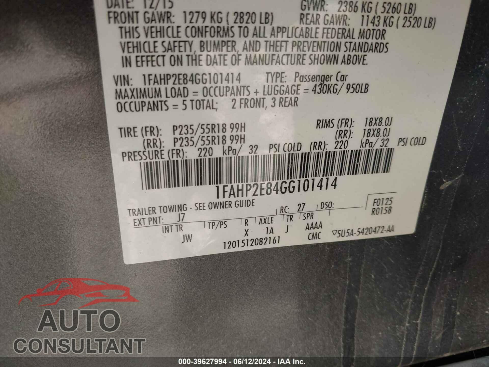 FORD TAURUS 2016 - 1FAHP2E84GG101414