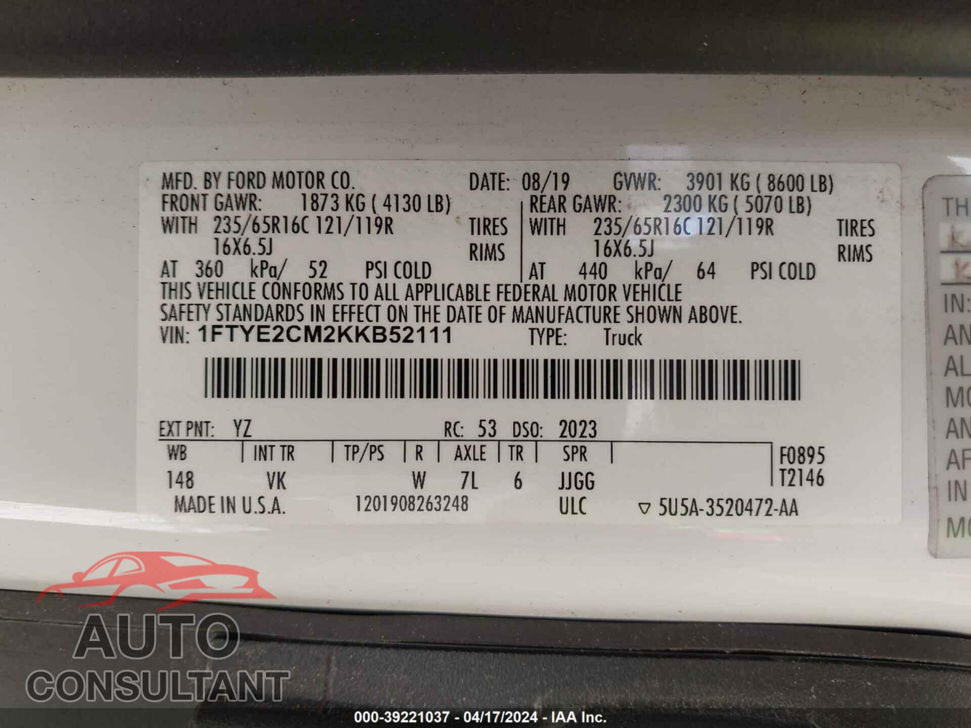 FORD TRANSIT 2019 - 1FTYE2CM2KKB52111