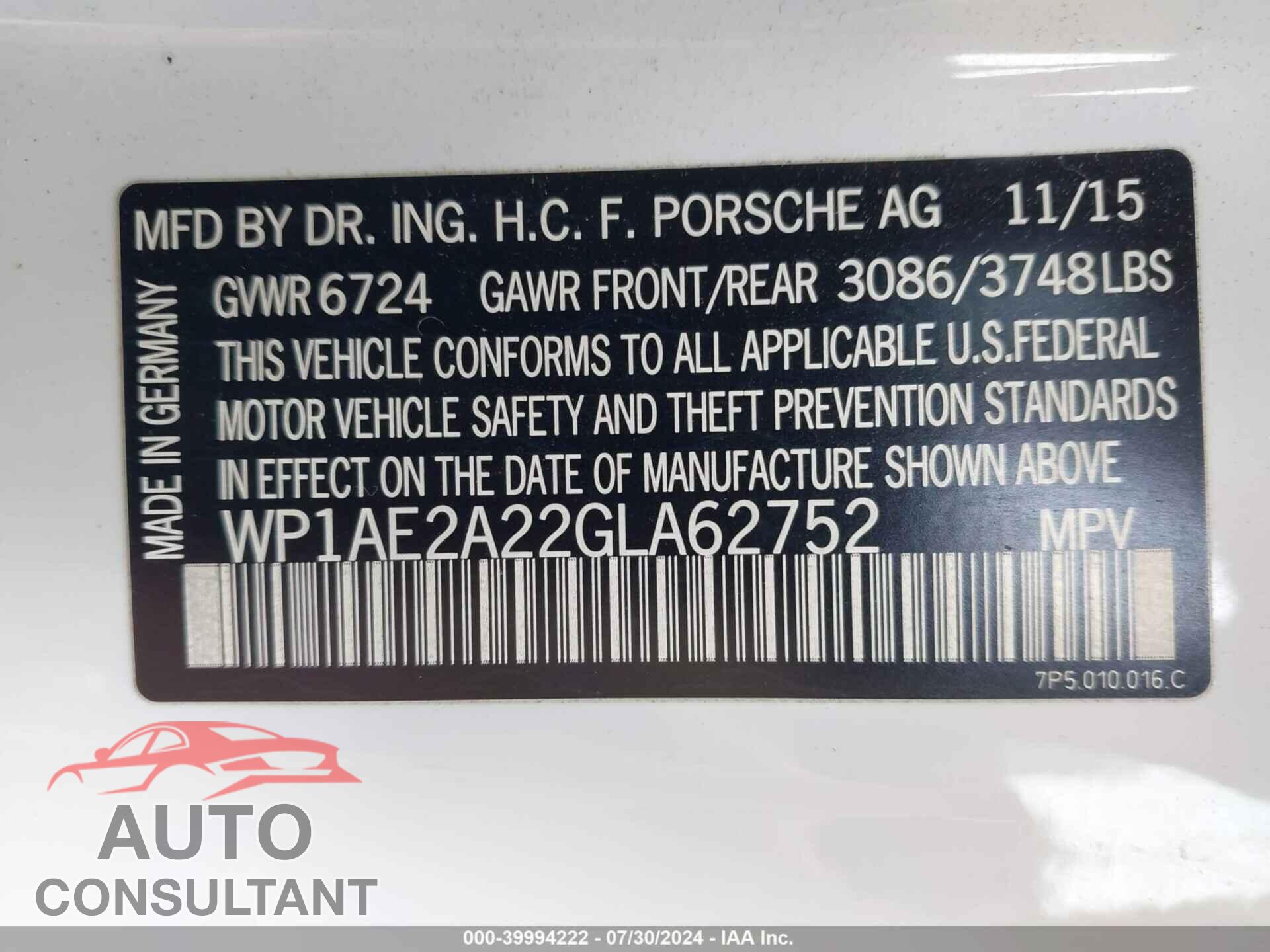 PORSCHE CAYENNE E-HYBRID 2016 - WP1AE2A22GLA62752