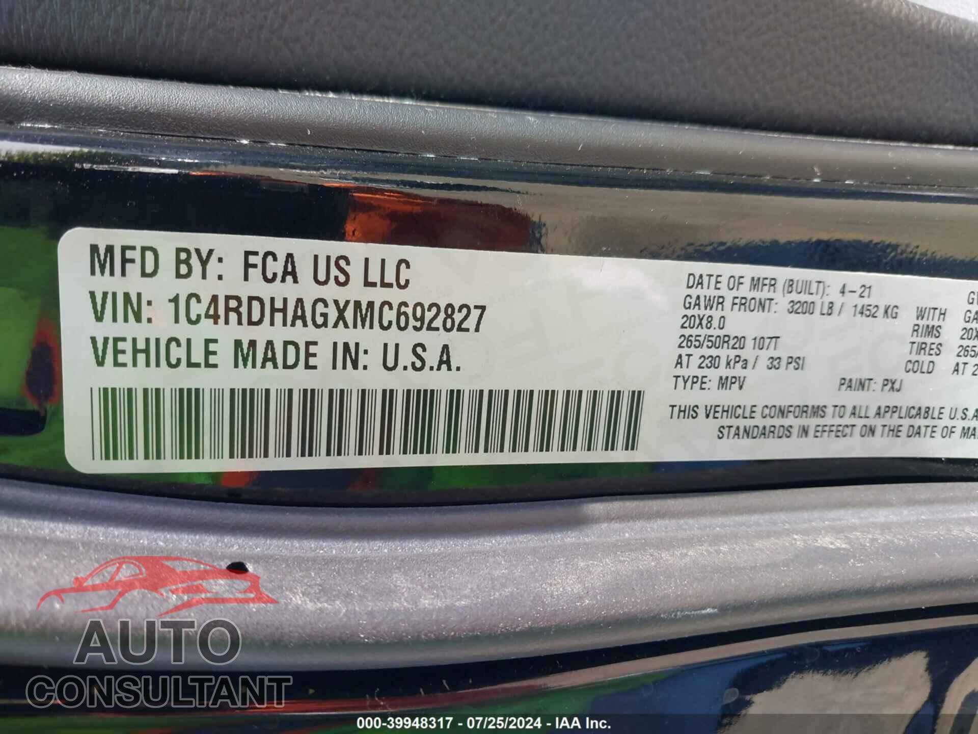 DODGE DURANGO 2021 - 1C4RDHAGXMC692827