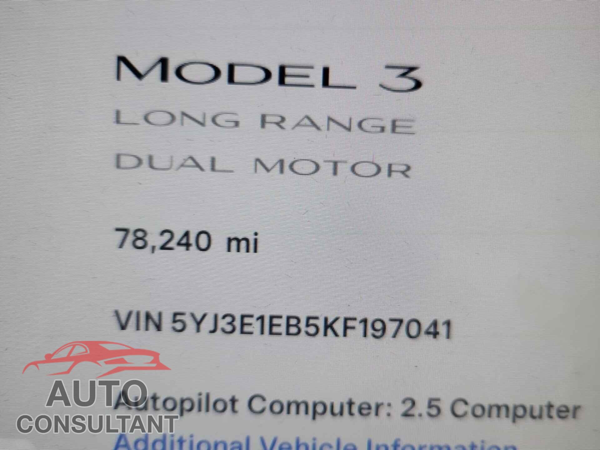 TESLA MODEL 3 2019 - 5YJ3E1EB5KF197041