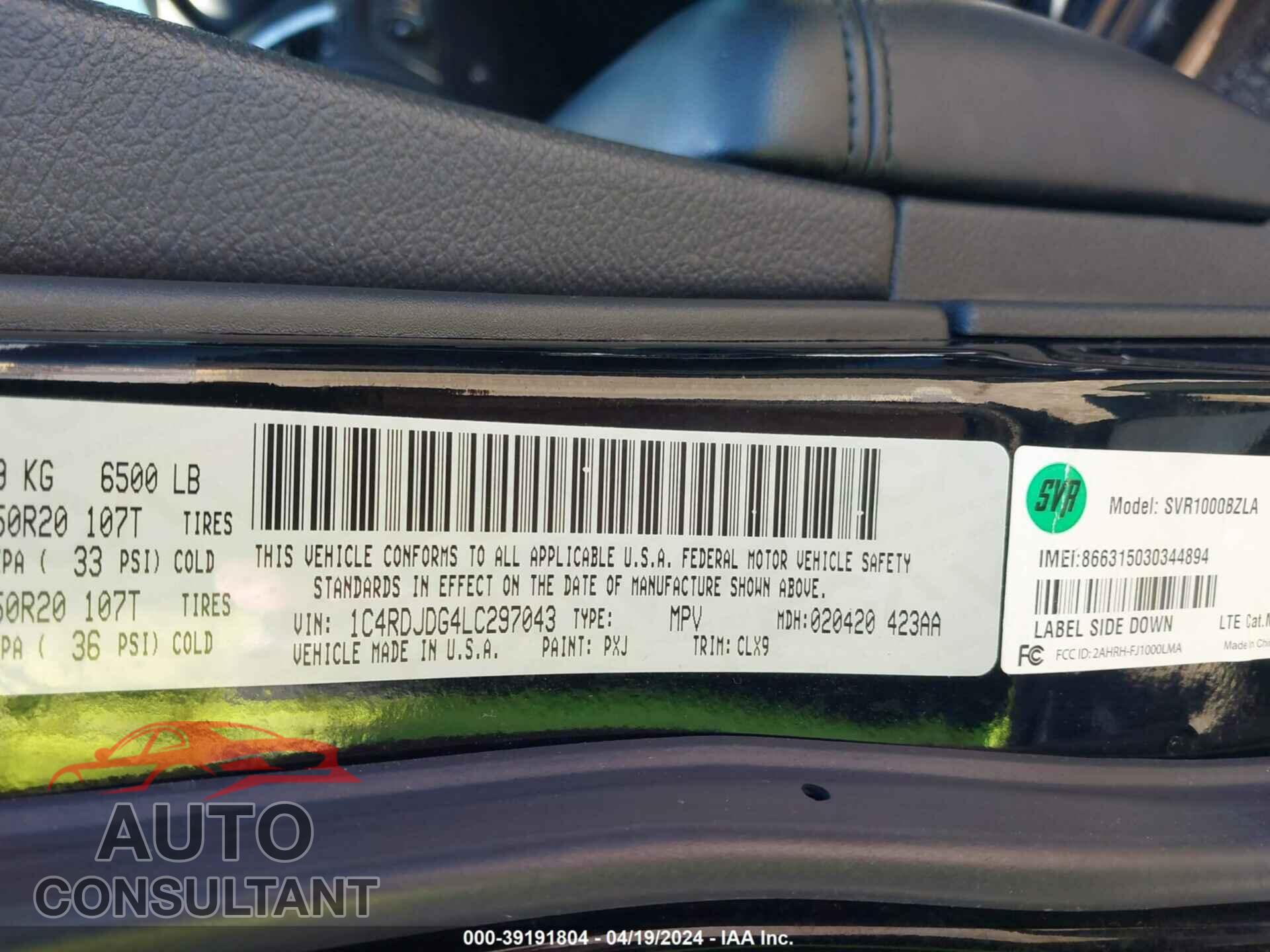 DODGE DURANGO 2020 - 1C4RDJDG4LC297043