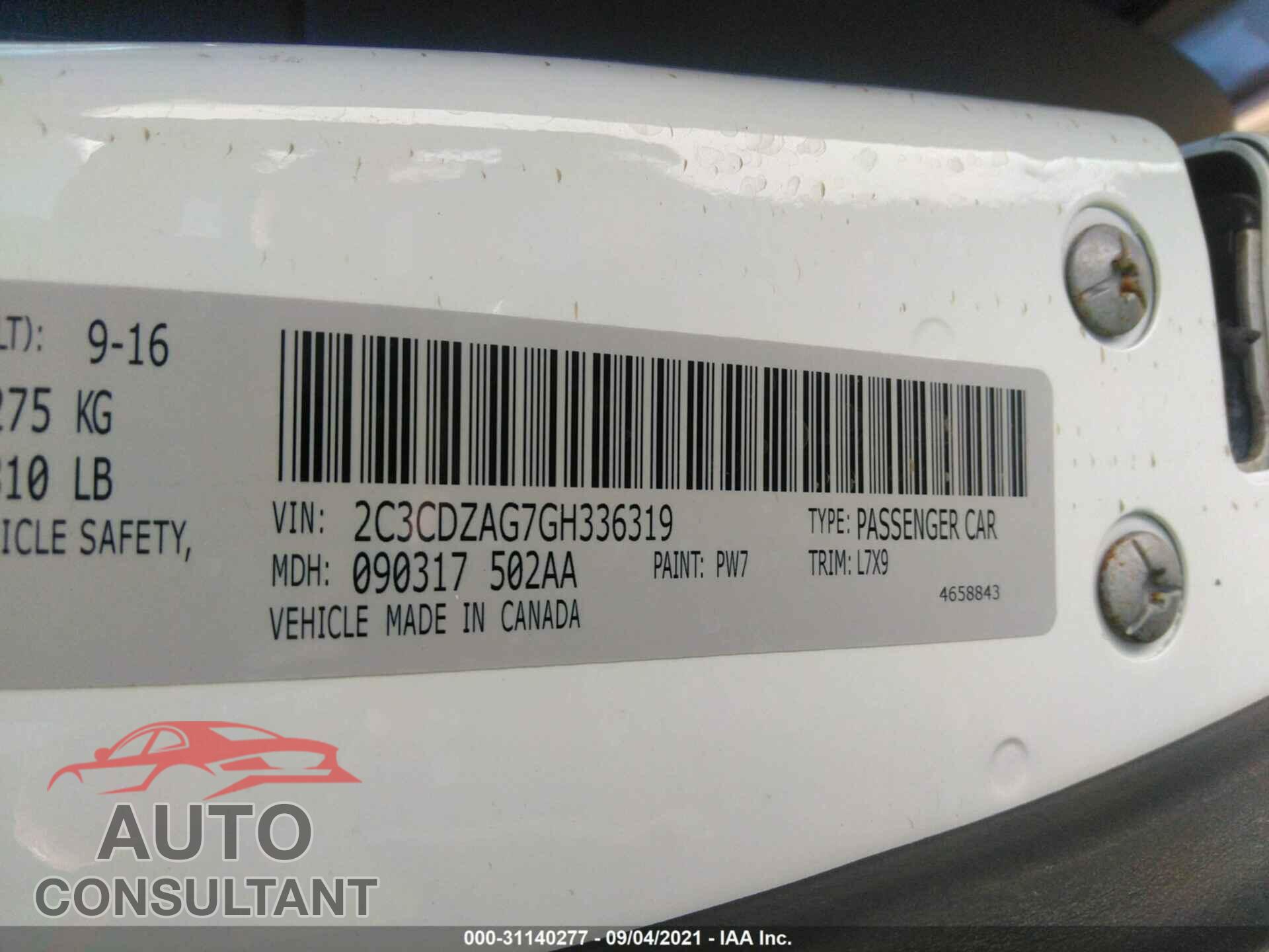 DODGE CHALLENGER 2016 - 2C3CDZAG7GH336319