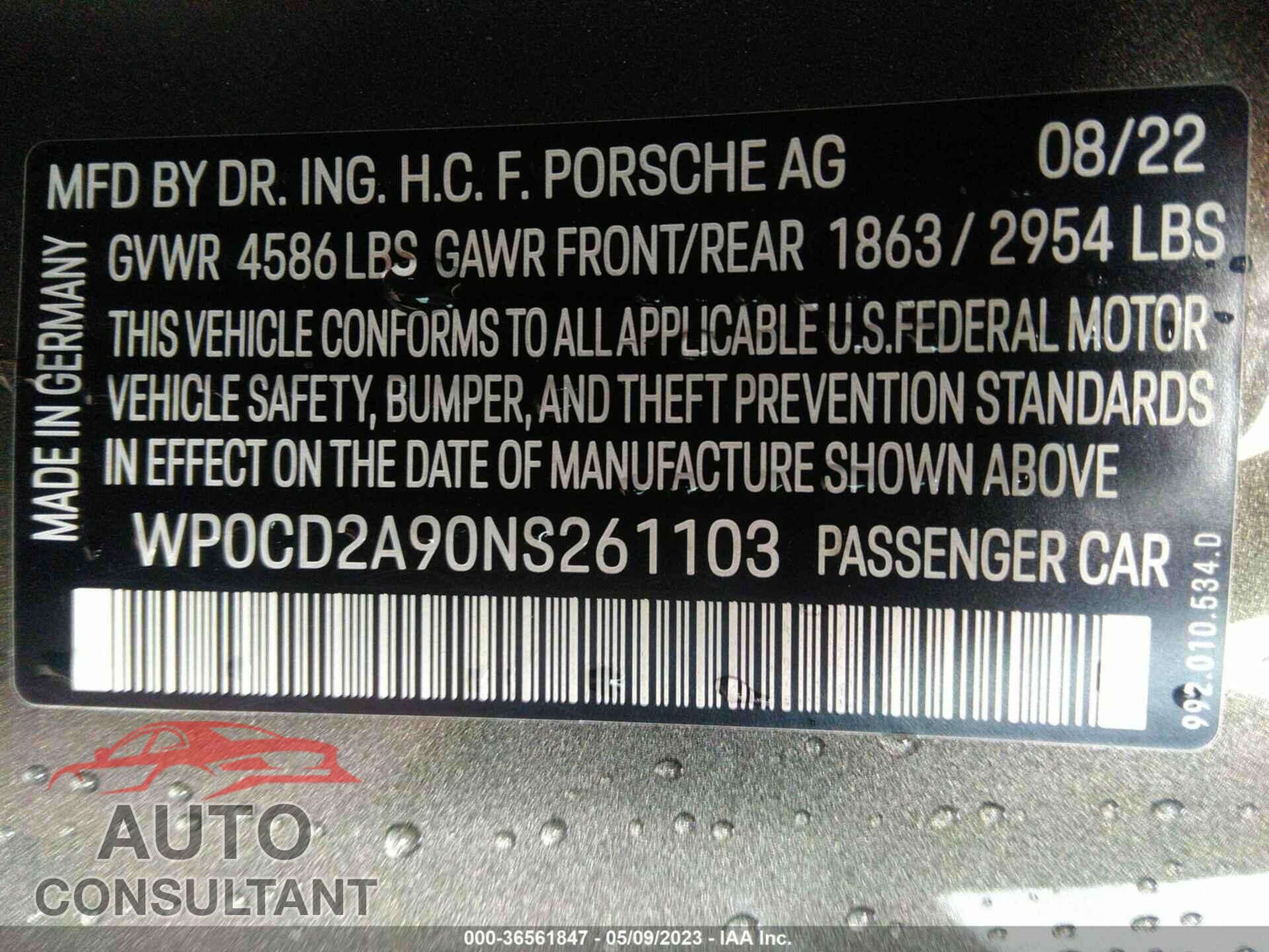 PORSCHE 911 2022 - WP0CD2A90NS261103