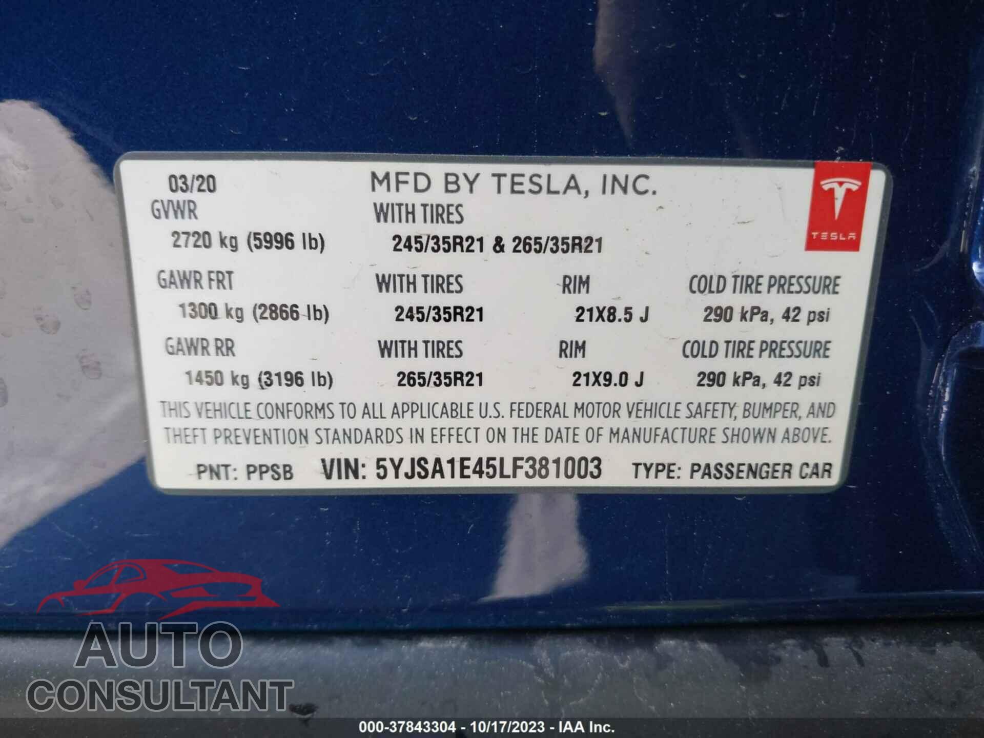 TESLA MODEL S 2020 - 5YJSA1E45LF381003