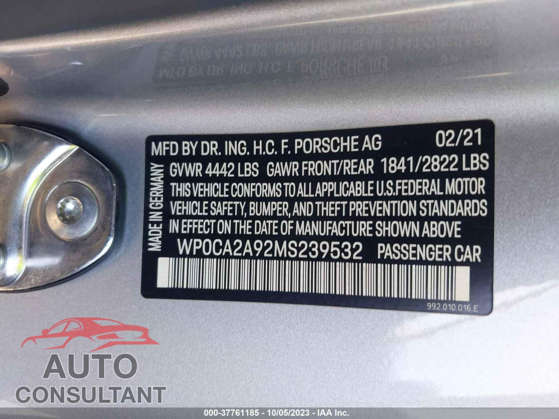 PORSCHE 911 2021 - WP0CA2A92MS239532