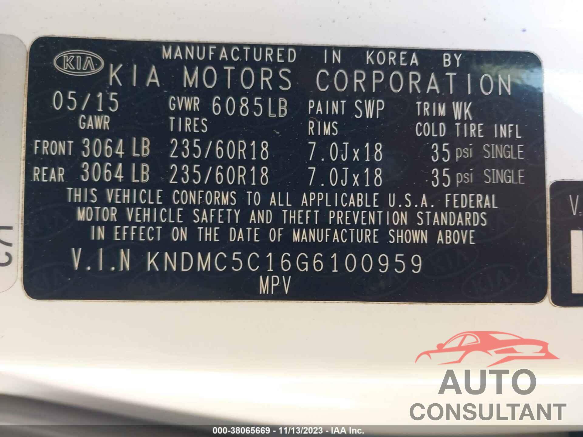 KIA SEDONA 2016 - KNDMC5C16G6100959