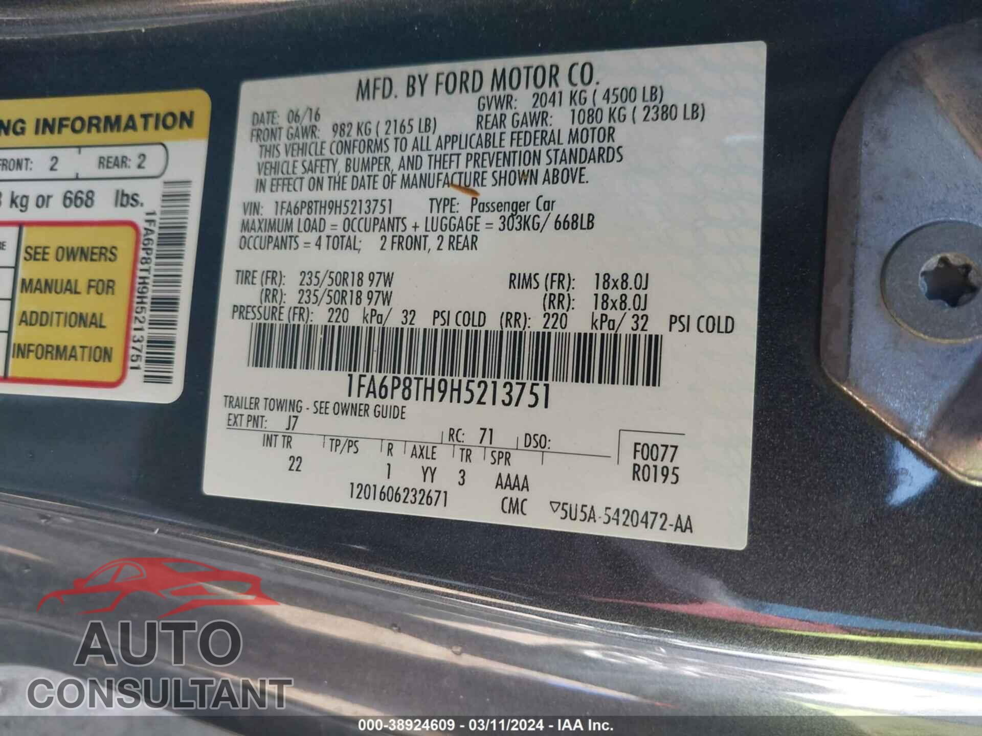 FORD MUSTANG 2017 - 1FA6P8TH9H5213751