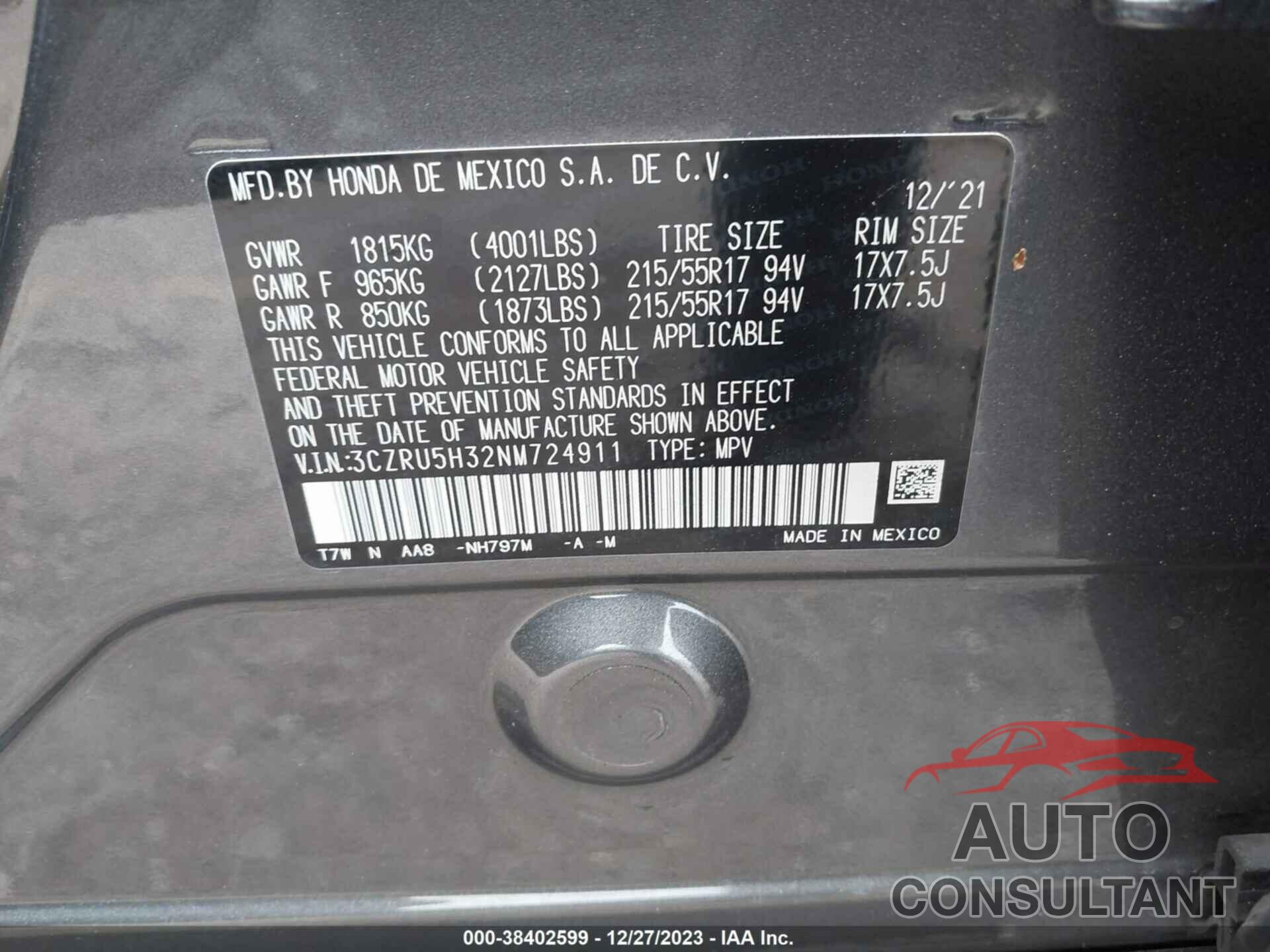 HONDA HR-V 2022 - 3CZRU5H32NM724911