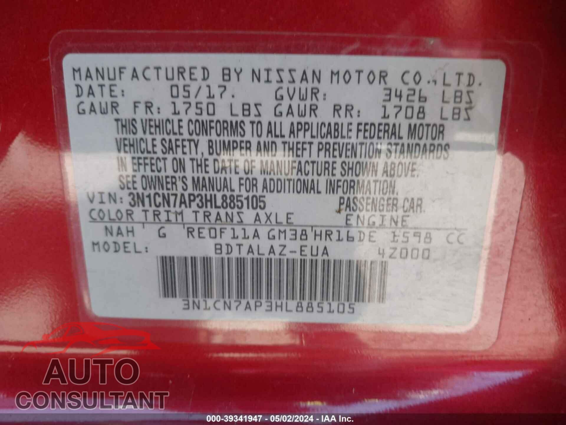 NISSAN VERSA 2017 - 3N1CN7AP3HL885105