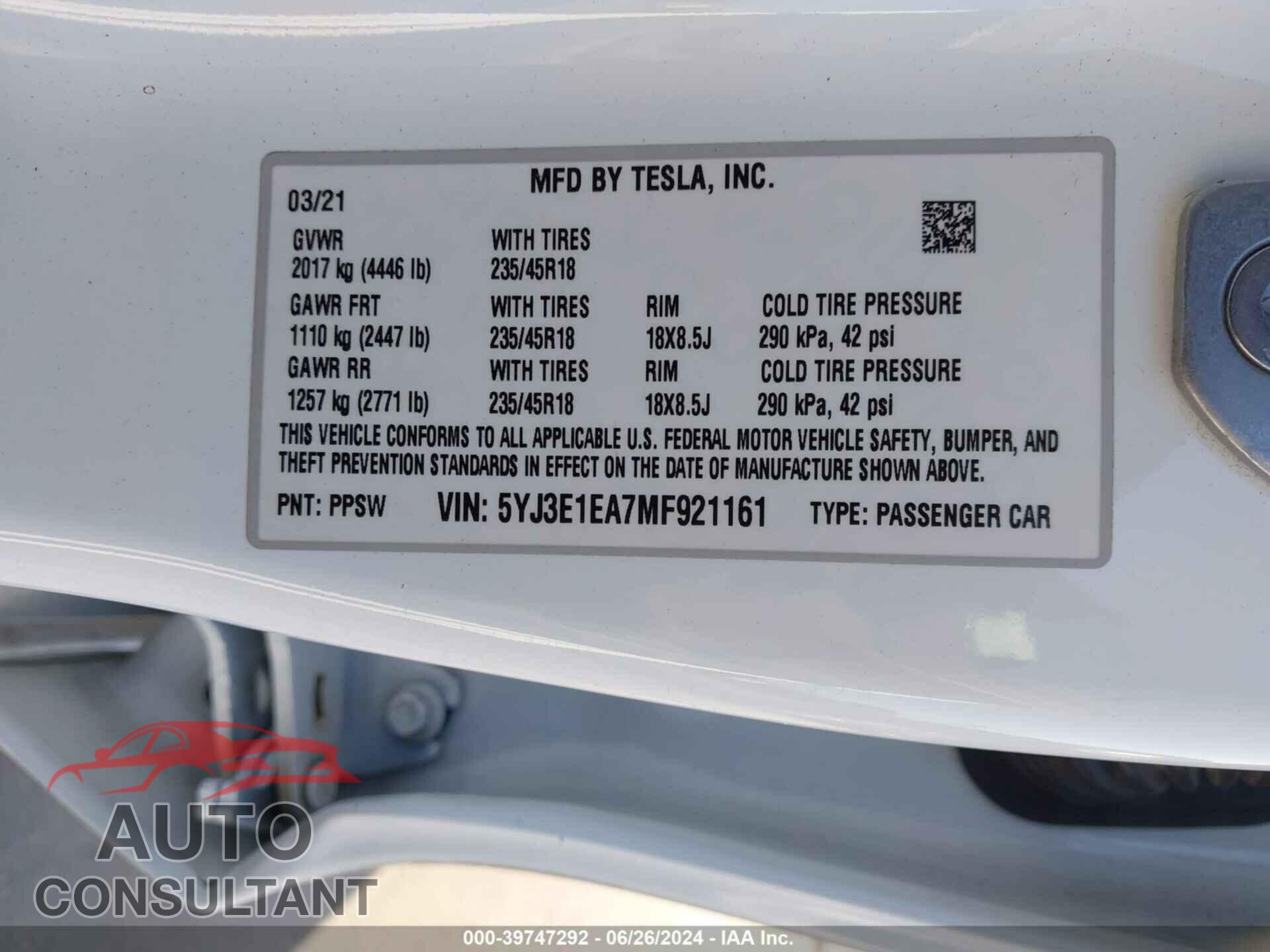 TESLA MODEL 3 2021 - 5YJ3E1EA7MF921161